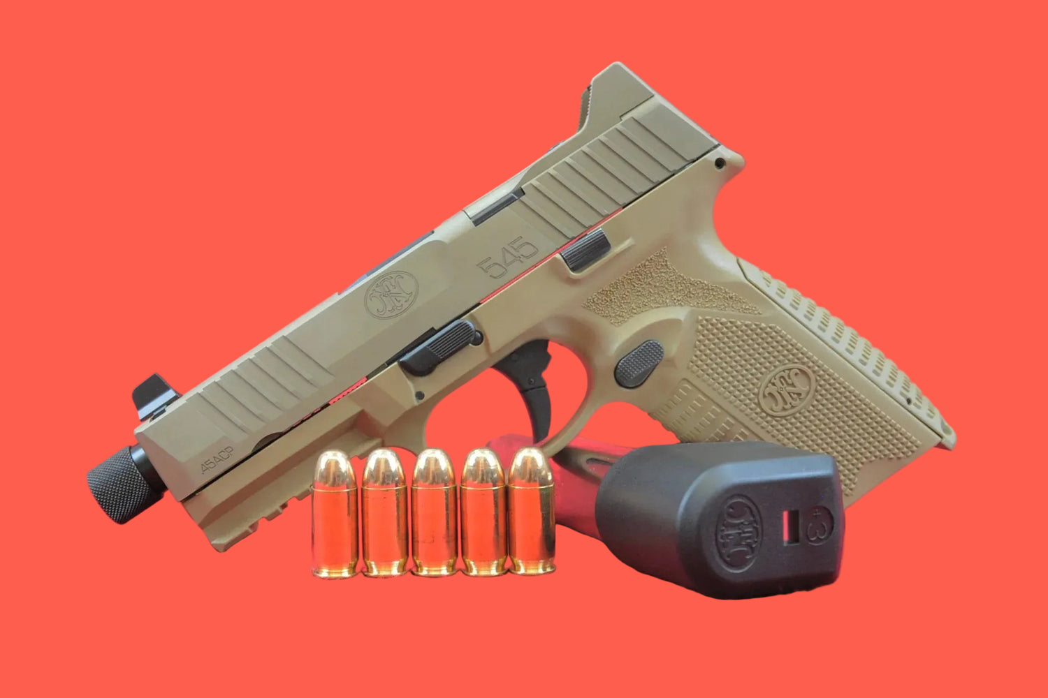 Halbautomatische Pistole FN 545 Tactical FDE .45 ACP mit Mündungsgewinde .578″x28 - Seitenansicht/Draufsicht
