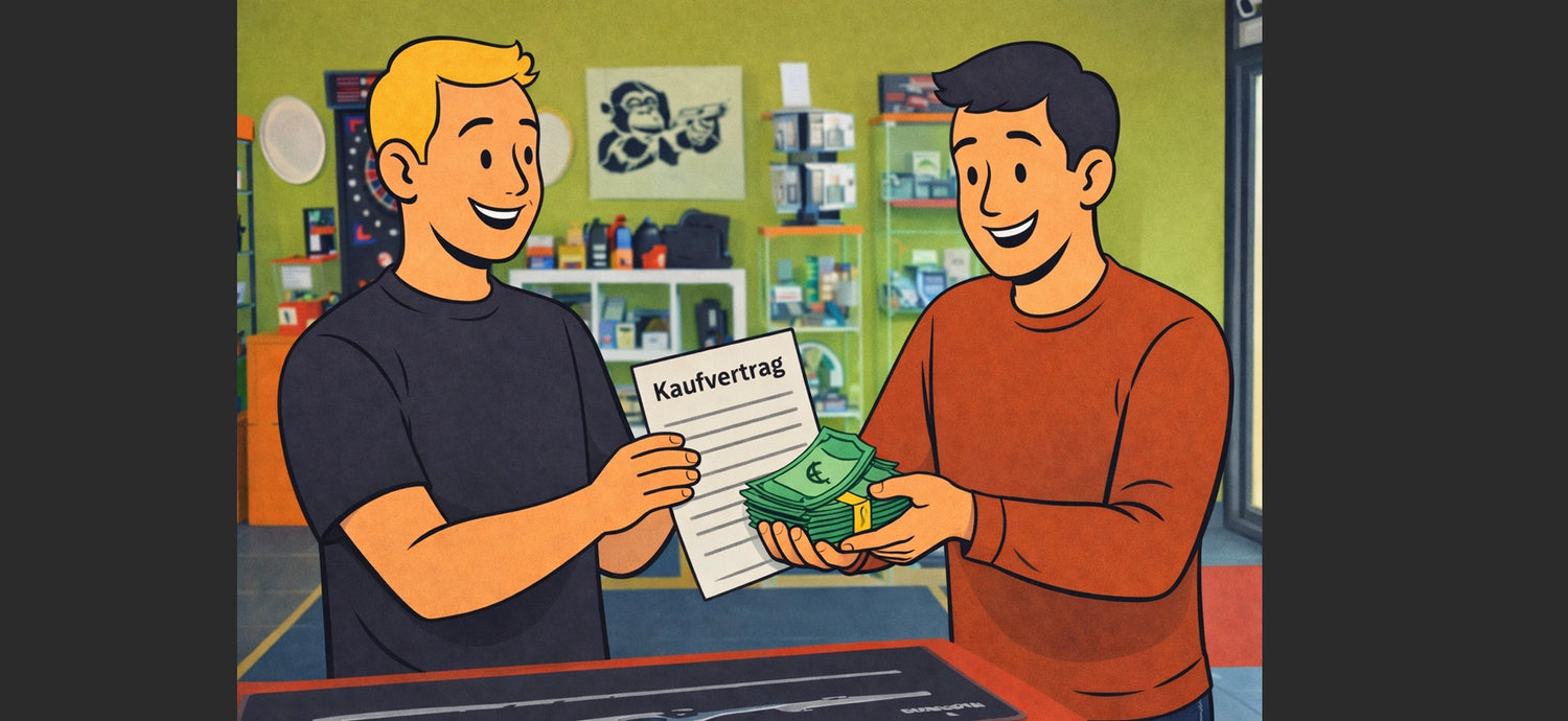 Zwei gezeichnete Männer stehen sich an einem Tresen gegenüber und wirken zufrieden und einvernehmlich