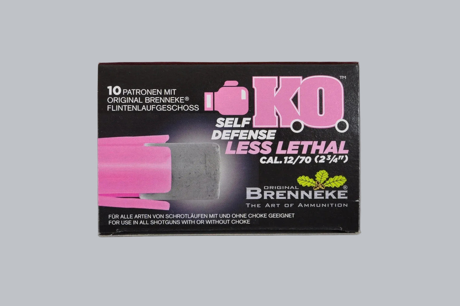 Munition Brenneke KO Self Defense Less Lethal 12/70, 4,2g/65gr Geschossgewicht, 20 Patronen Inhalt.