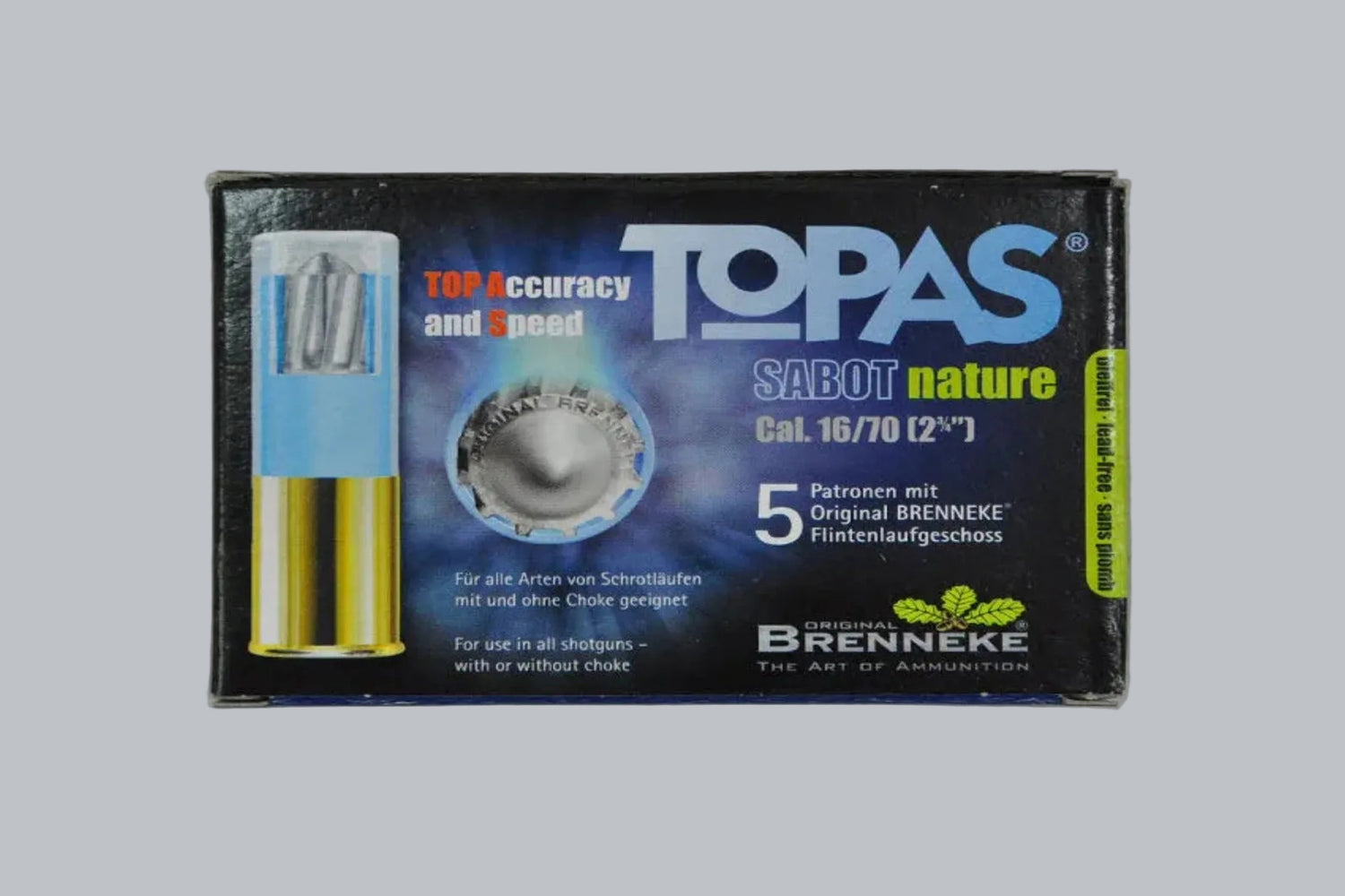 Munition Brenneke Topas Sabot Nature 16/70 bleifrei Munition, Geschossgewicht, 5 Patronen Inhalt.
