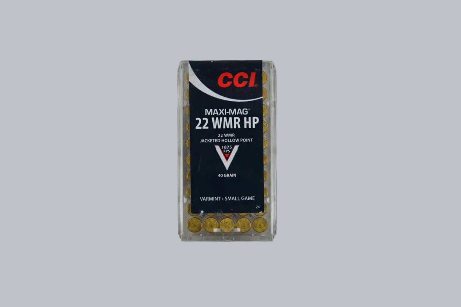 Munition CCI Maxi Mag JHP .22 WMR Munition, 2,6g/40gr Geschossgewicht, 50 Patronen Inhalt.