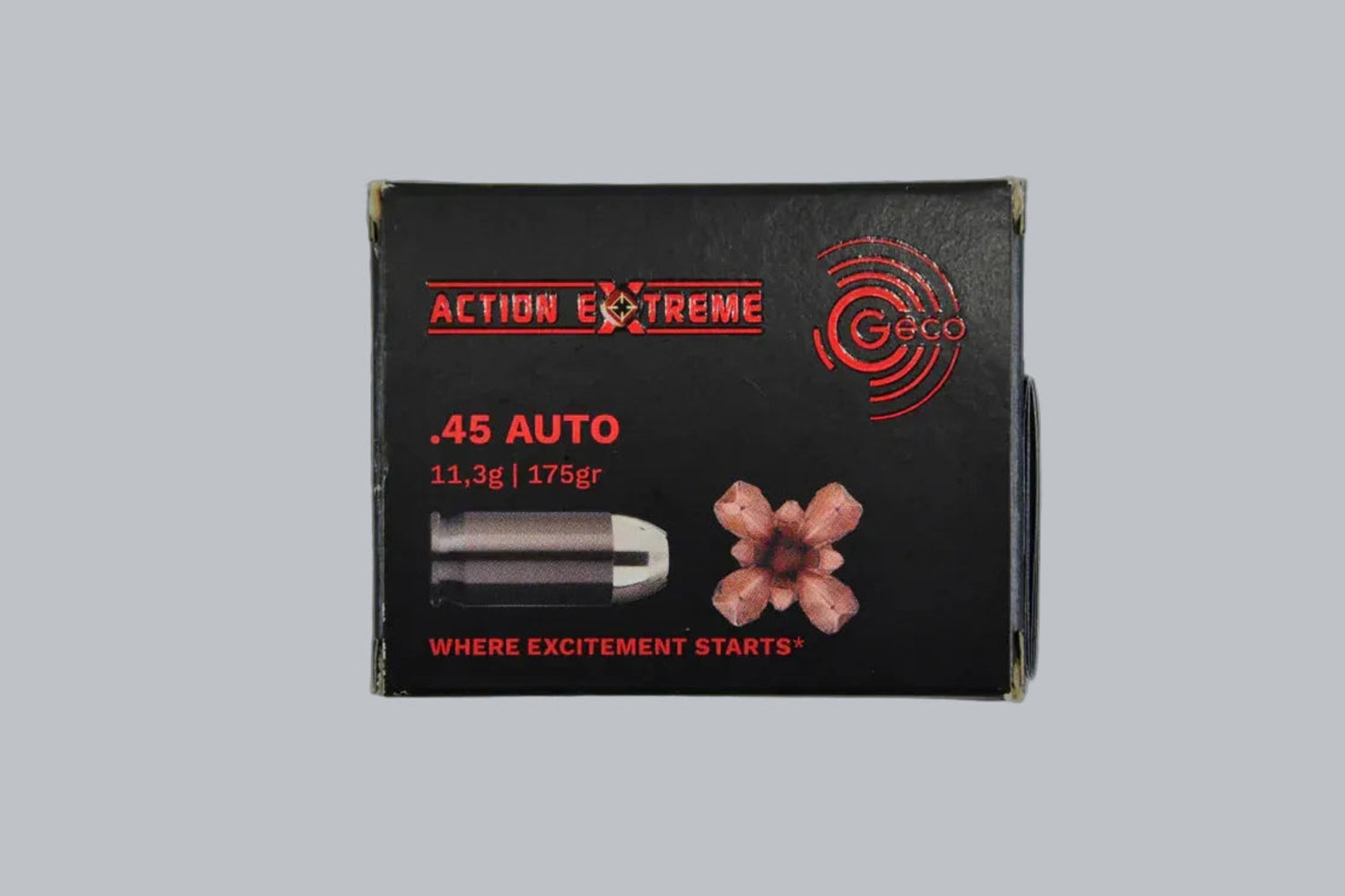 Munition Geco Action Extreme .45 Auto 175gr Munition, 11,3g/175gr Geschossgewicht, 20 Patronen Inhalt.
