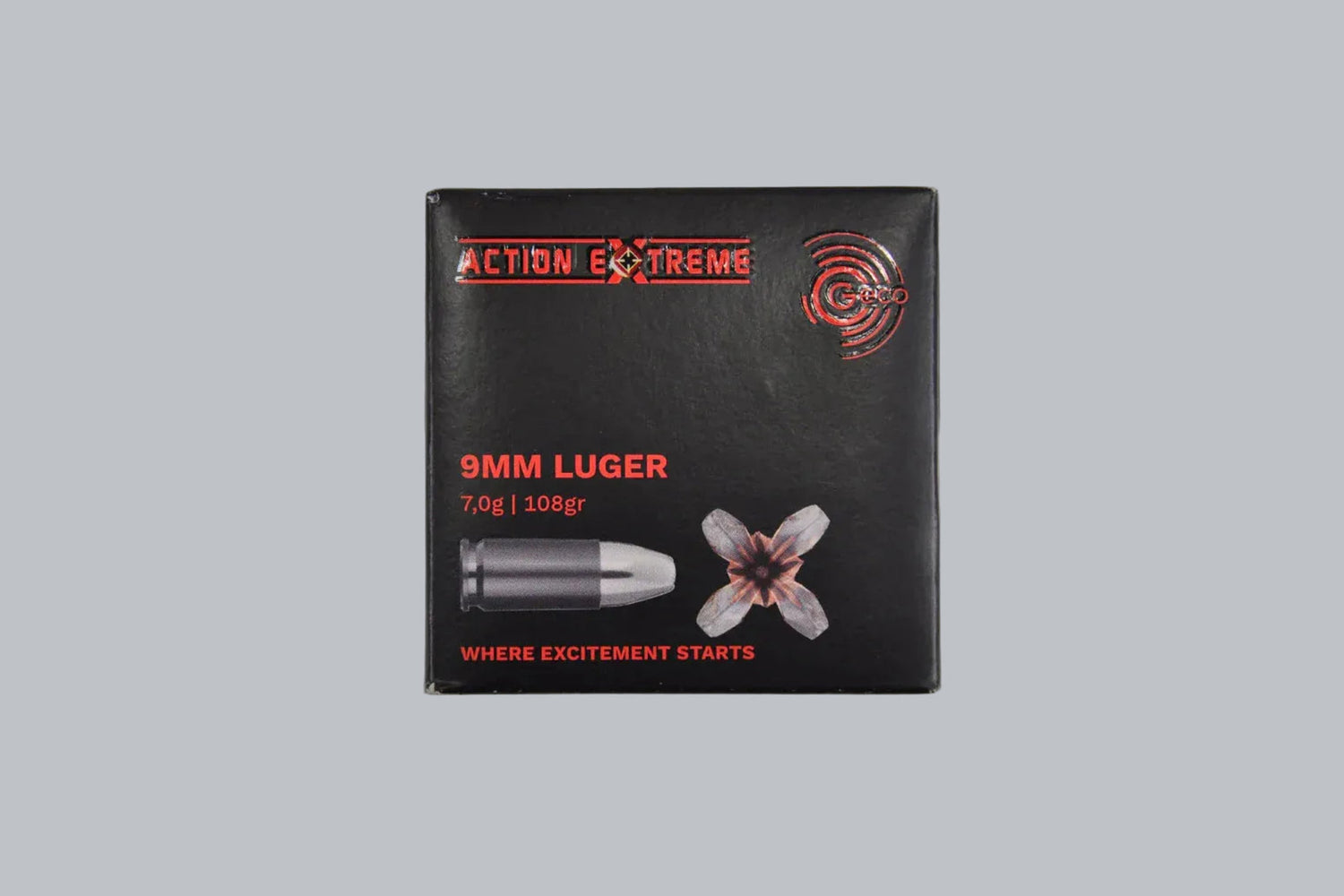 Munition Geco Action Extreme 9mm Luger 108gr Munition, 7,0g/108gr Geschossgewicht, 20 Patronen Inhalt.