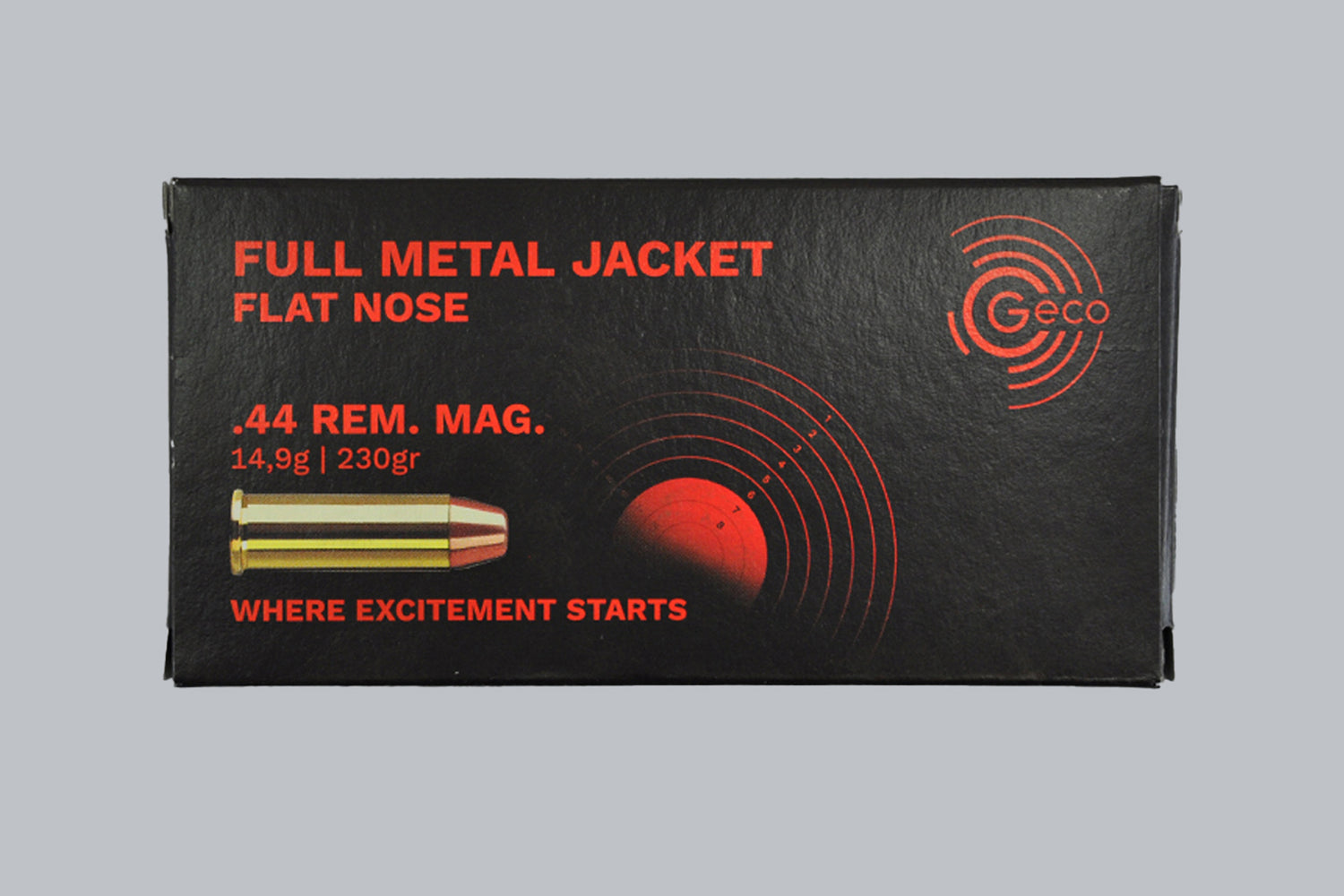 Munition Geco FMJ Flachkopf .44 Rem Mag, 14,9g/230gr Geschossgewicht, 50 Patronen Inhalt.