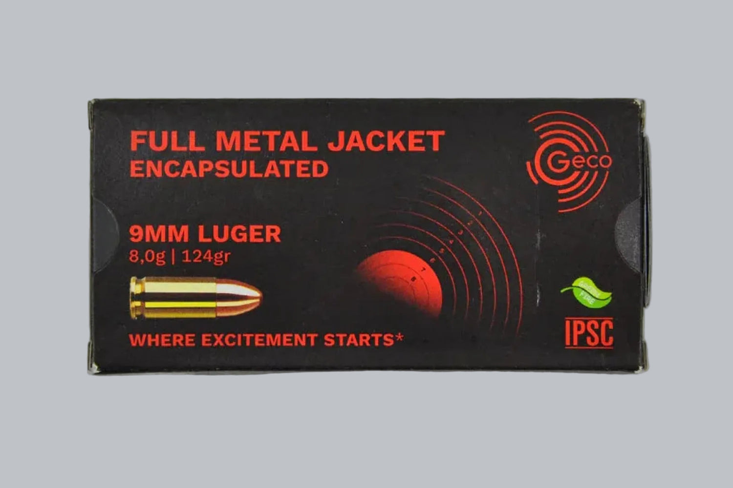 Munition Geco FMJ SX verkapselt 9mm Luger 124gr Munition, 8,0g/124gr Geschossgewicht, 50 Patronen Inhalt.