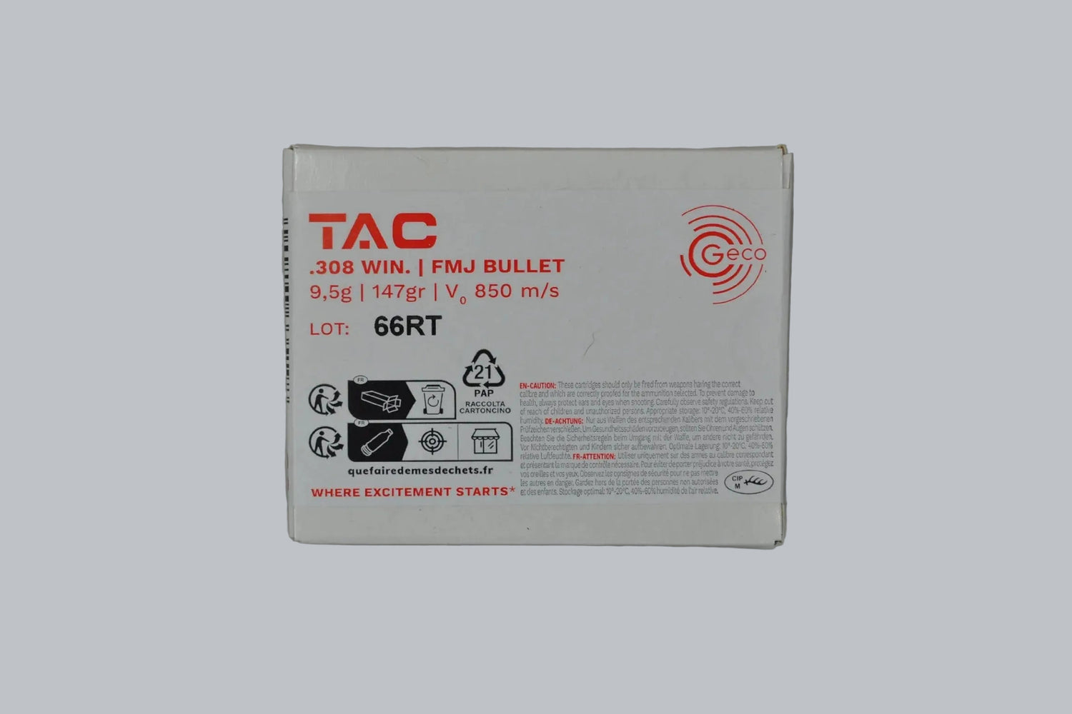 Munition Geco FMJ TAC .308 Win. 147gr Munition, 9,5g/147gr Geschossgewicht, 20 Patronen Inhalt.