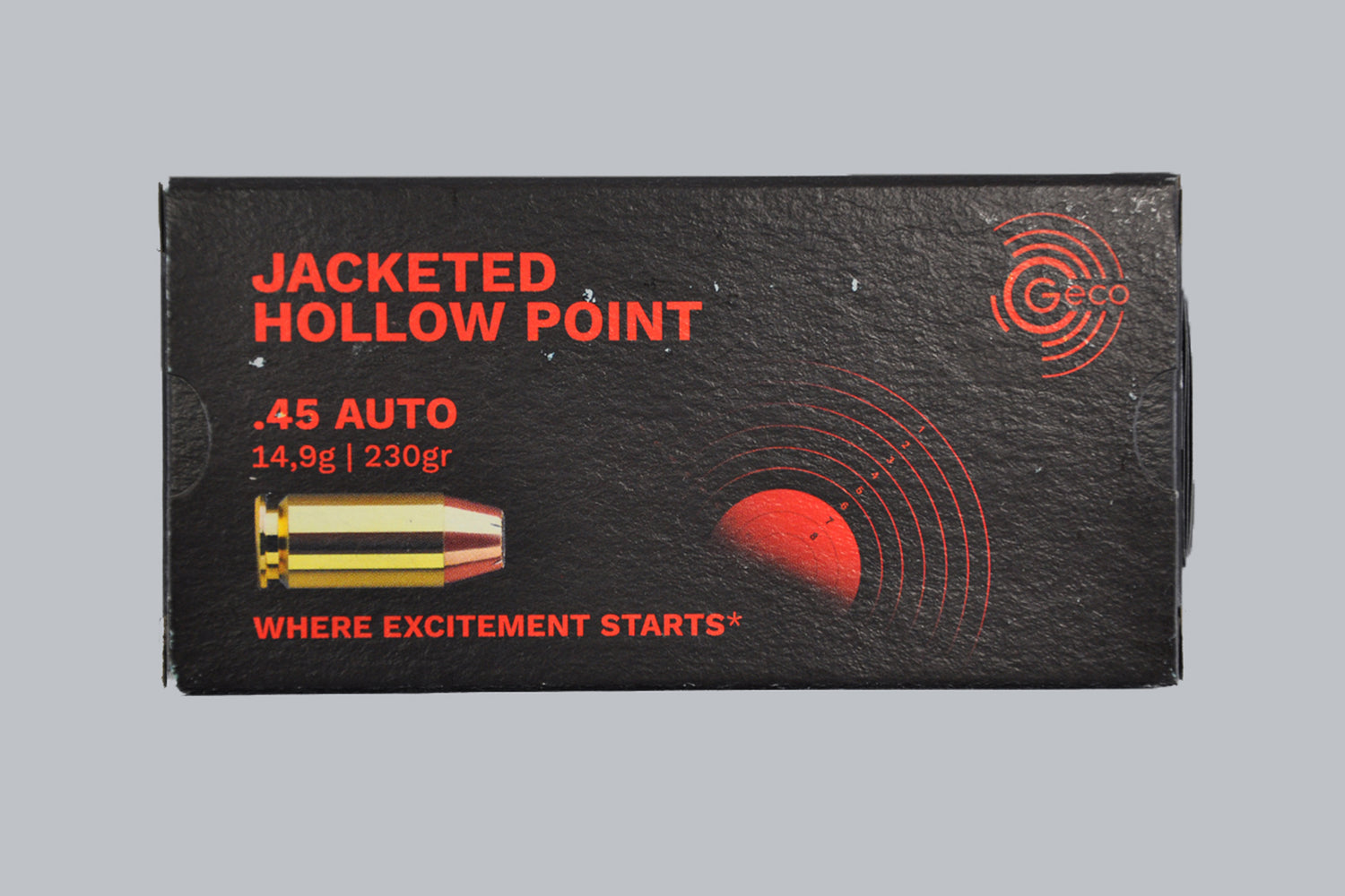 Munition Geco JHP .45 ACP 230gr Munition, 14,9g/230gr Geschossgewicht, 50 Patronen Inhalt.