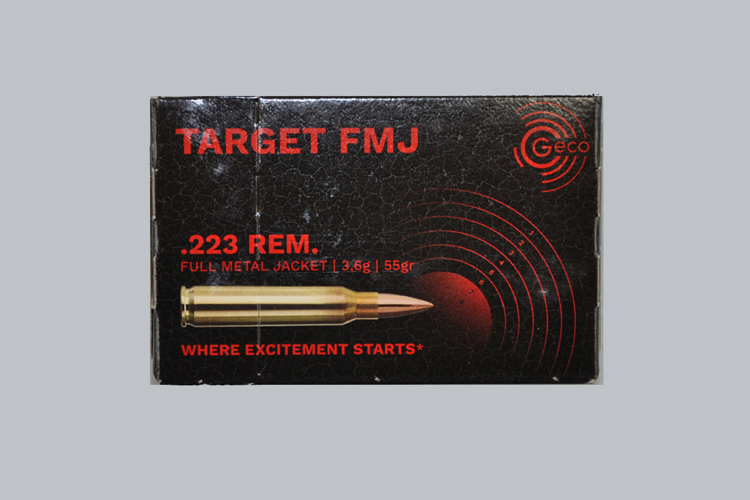 Munition Geco Target FMJ .223 Rem. 55gr Munition, 3,6g/55gr Geschossgewicht, 50 Patronen Inhalt.