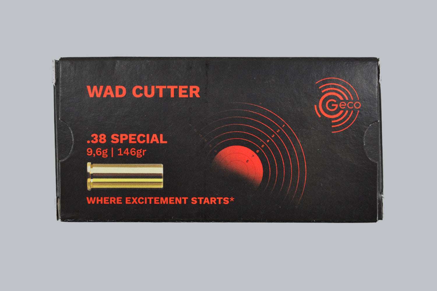 Munition Geco Wad Cutter .38 Special, 9,6g/146gr Geschossgewicht, 50 Patronen Inhalt.
