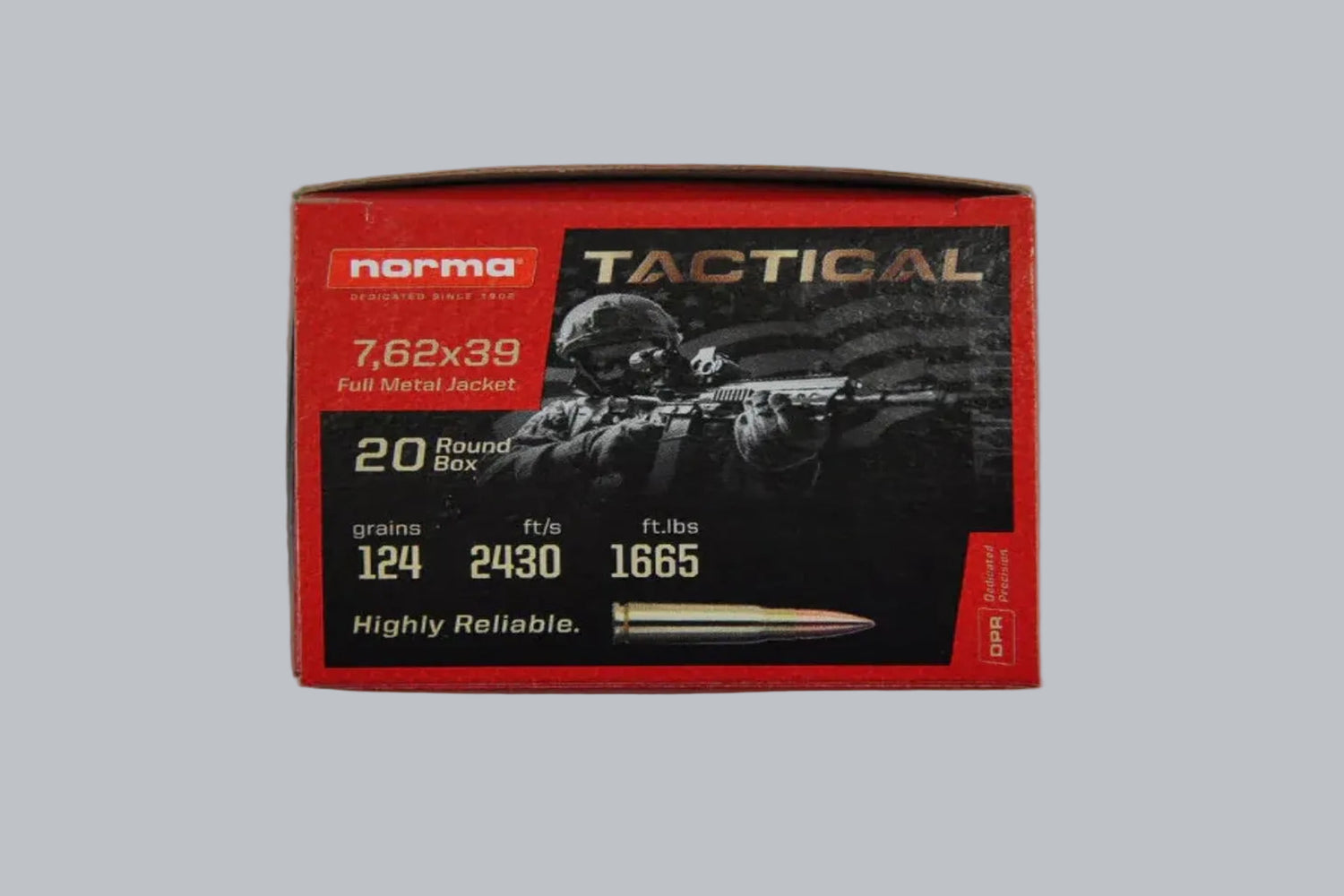 Munition Norma Tactical FMJ 7,62x39 124gr Munition, 8,0g/124gr Geschossgewicht, 20 Patronen Inhalt.