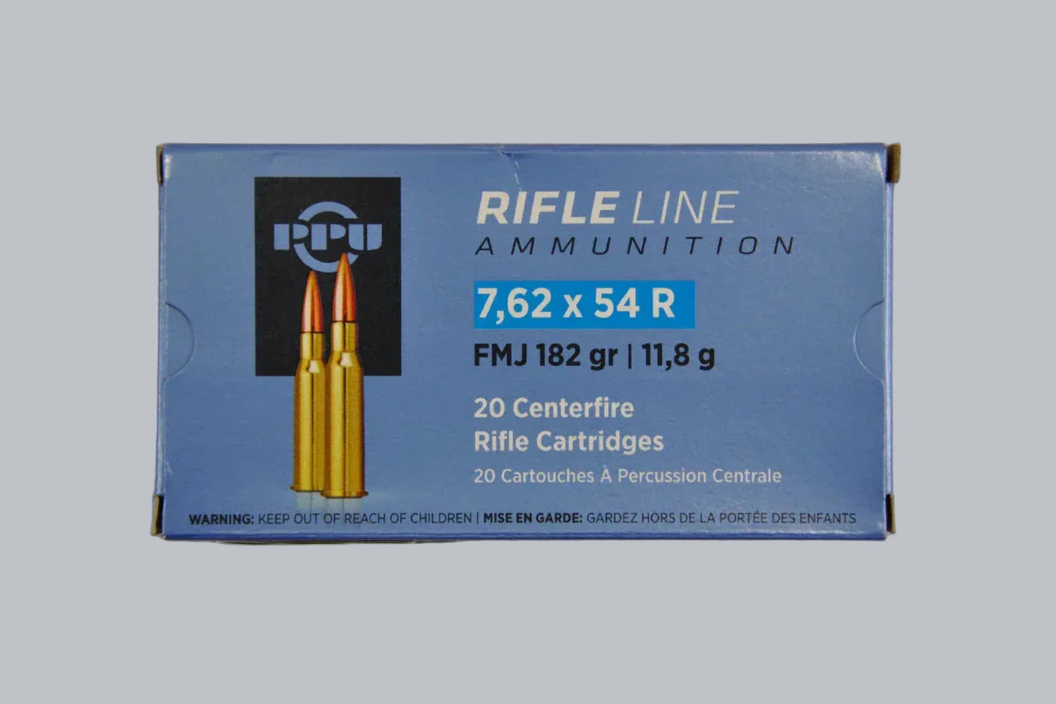 Munition PPU FMJ BT 7,62x54 R 182gr Munition, 11,8g/182gr Geschossgewicht, 20 Patronen Inhalt.