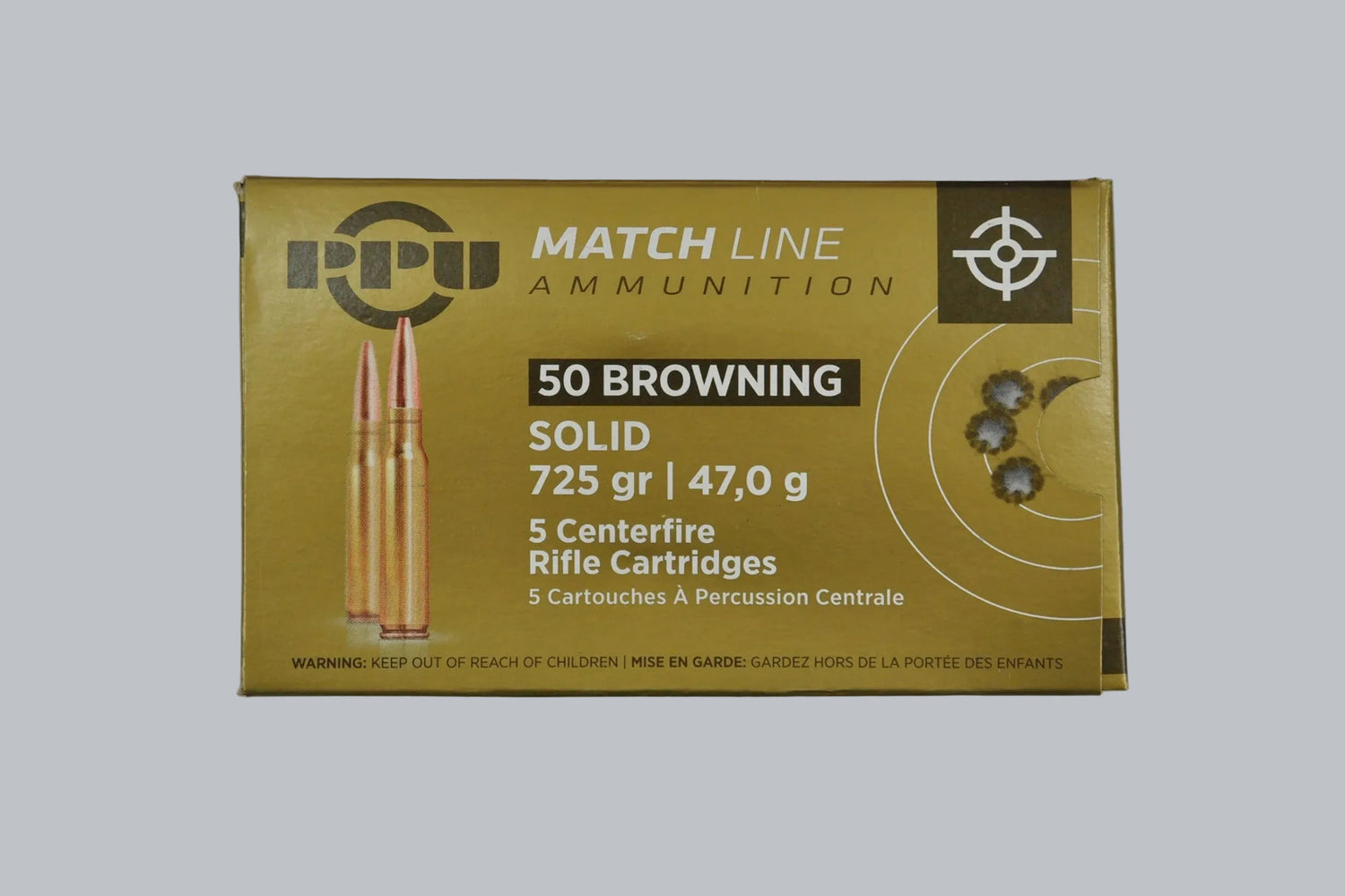 Munition PPU Match Solid .50 BMG Munition, 47,0g/725gr Geschossgewicht, 5 Patronen Inhalt.