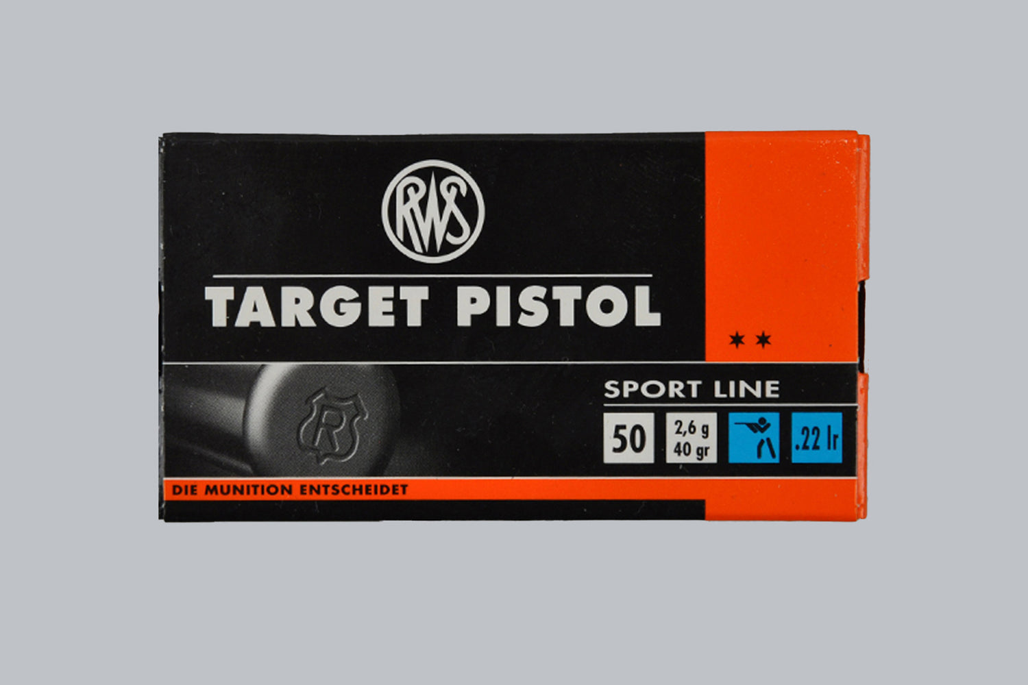 Munition RWS Target Pistol .22 lr Munition, 2,6g/40gr Geschossgewicht, 50 Patronen Inhalt.