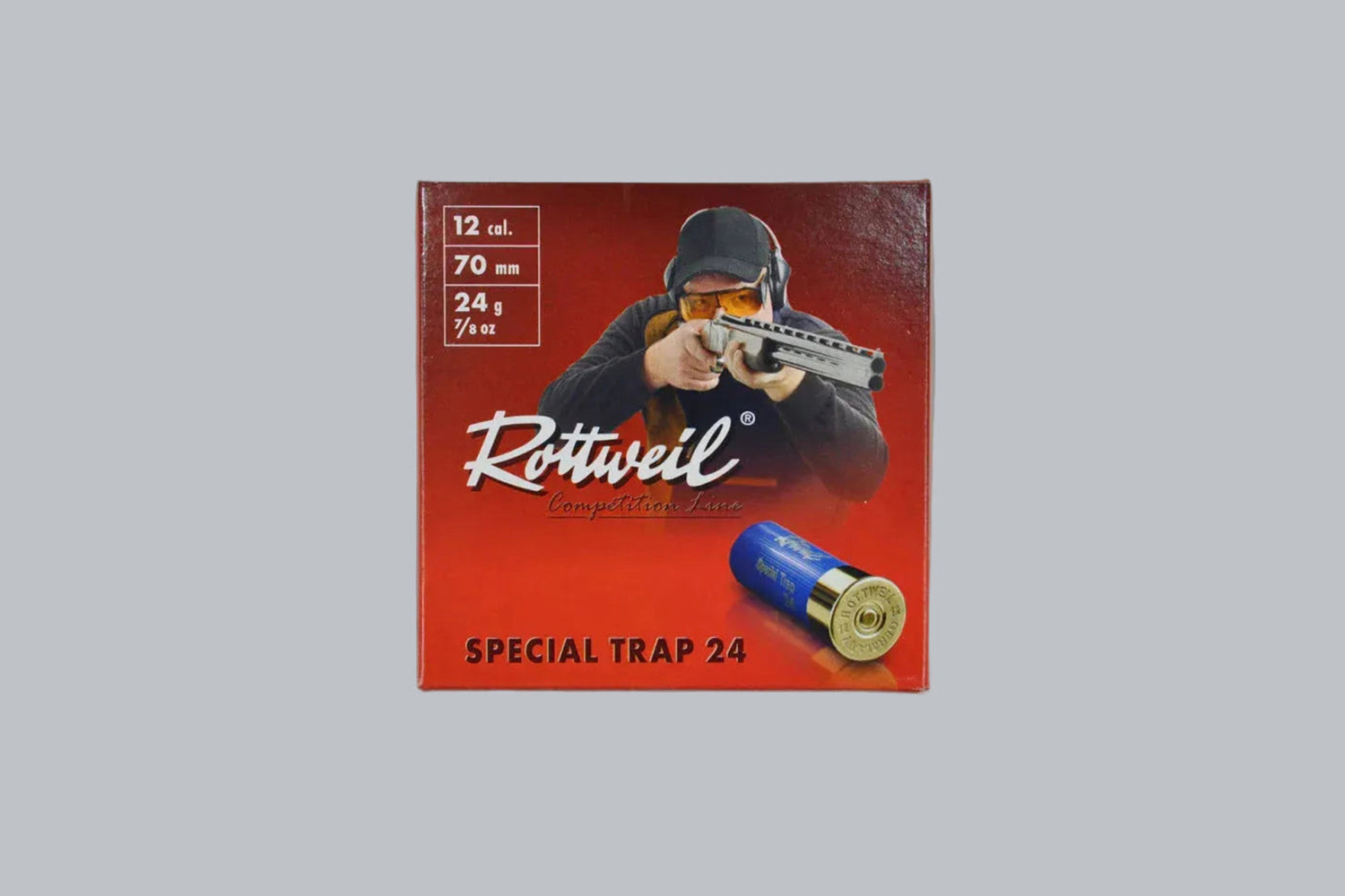 Munition Rottweil Special Trap 24 12/70 2,4mm Munition, 24,0g/370gr Geschossgewicht, 25 Patronen Inhalt.