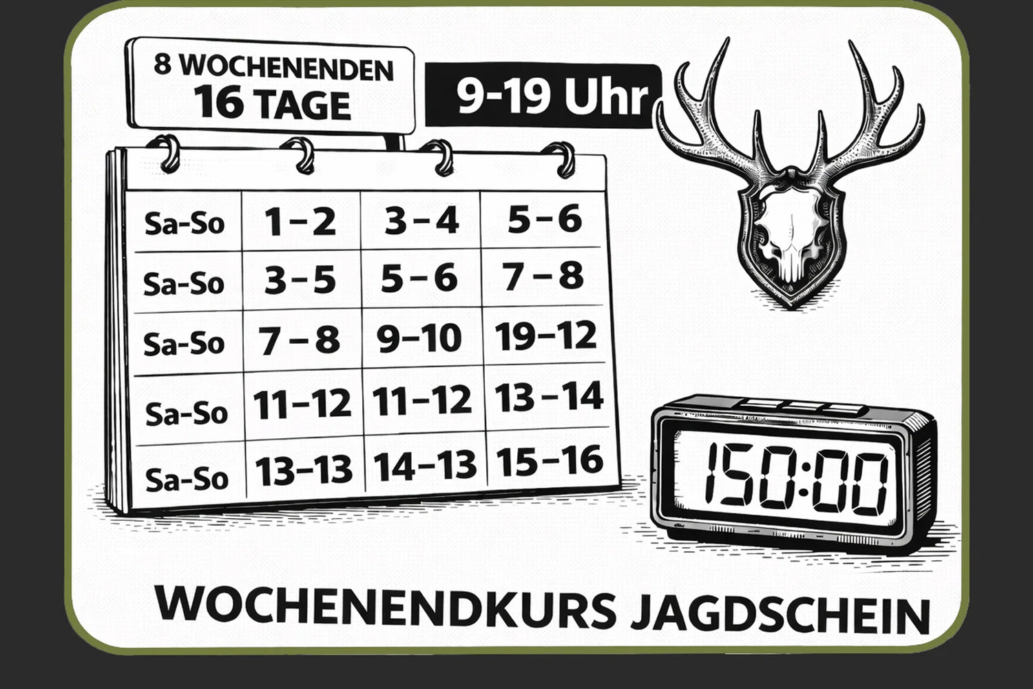 Der Wochenendkurs findet mehrfach imJahr statt und umfasst acht Wochenendenimmer Samstag und Sonntags. Insgesamt werden auch also 16 Tage belegt.