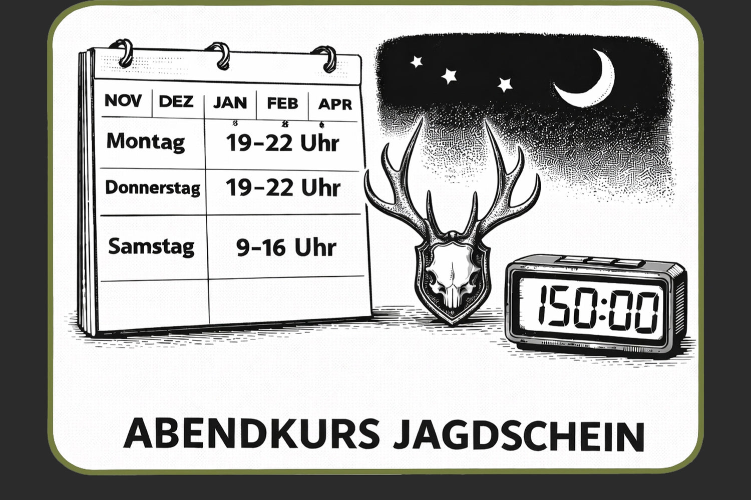 Der Abendkurs findet von November bisApril Montags & Donnerstags von 19.00bis 22.00 Uhr, sowie zweimal monatlichSamstags von 9.00 bis 16.00 Uhr statt.