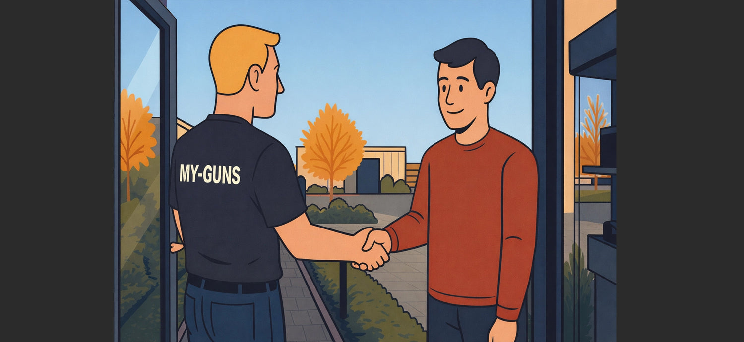 Ein Mitarbeiter von My-Guns steht in einer geöffneten Tür und begrüßt einen Besucher mit einem Handschlag