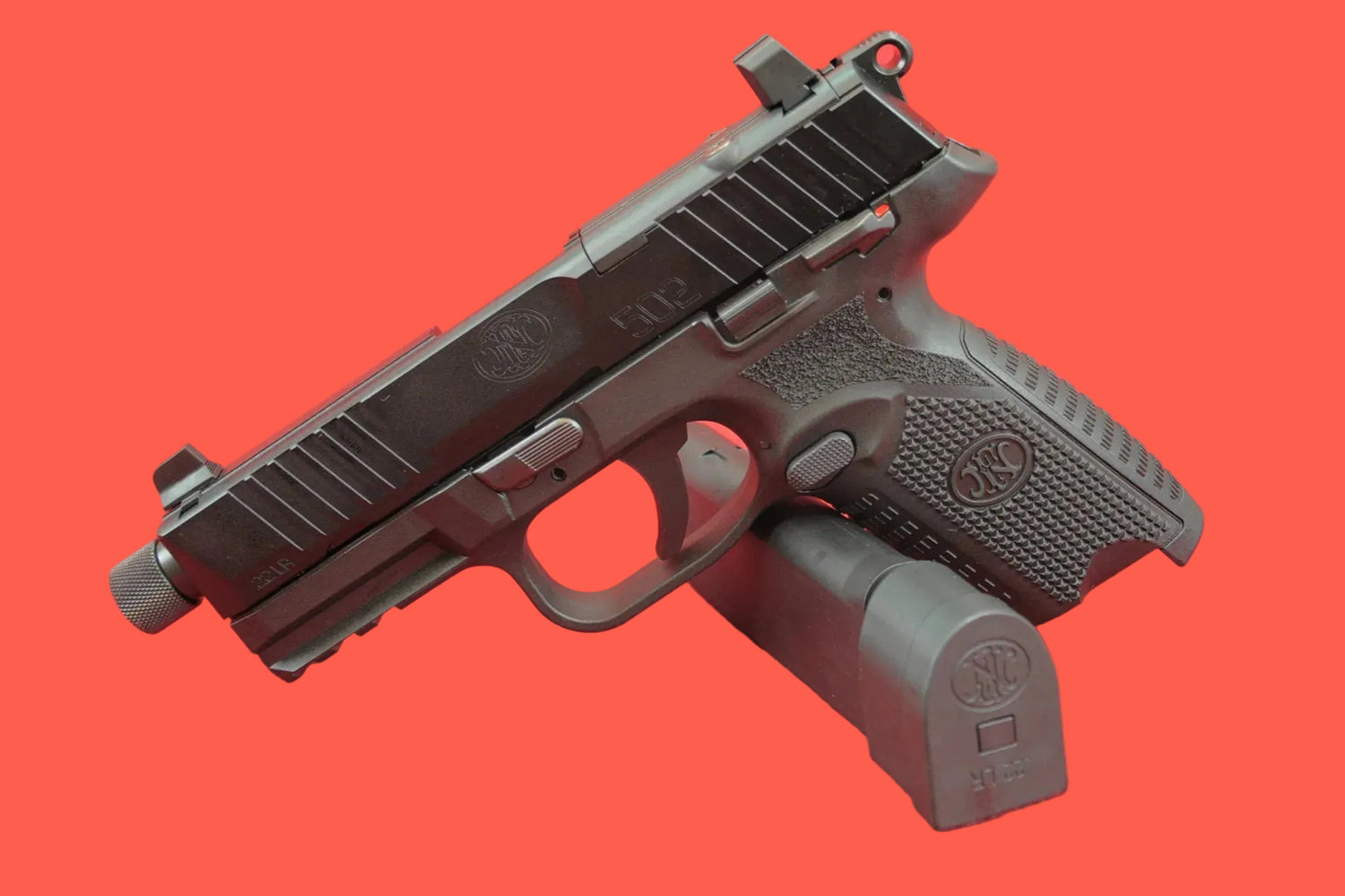 Halbautomatische Pistole FN 502 Tactical Schwarz .22 lr - Seitenansicht/Draufsicht