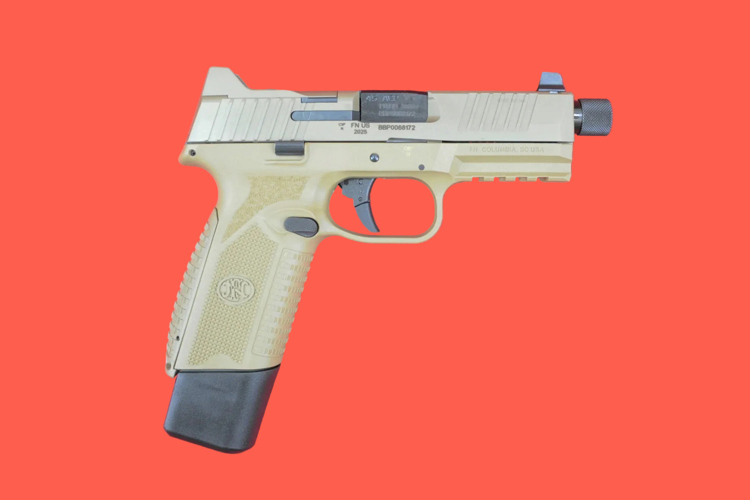 Halbautomatische Pistole FN 545 Tactical FDE .45 ACP mit Mündungsgewinde .578″x28 - Seitenansicht rechts
