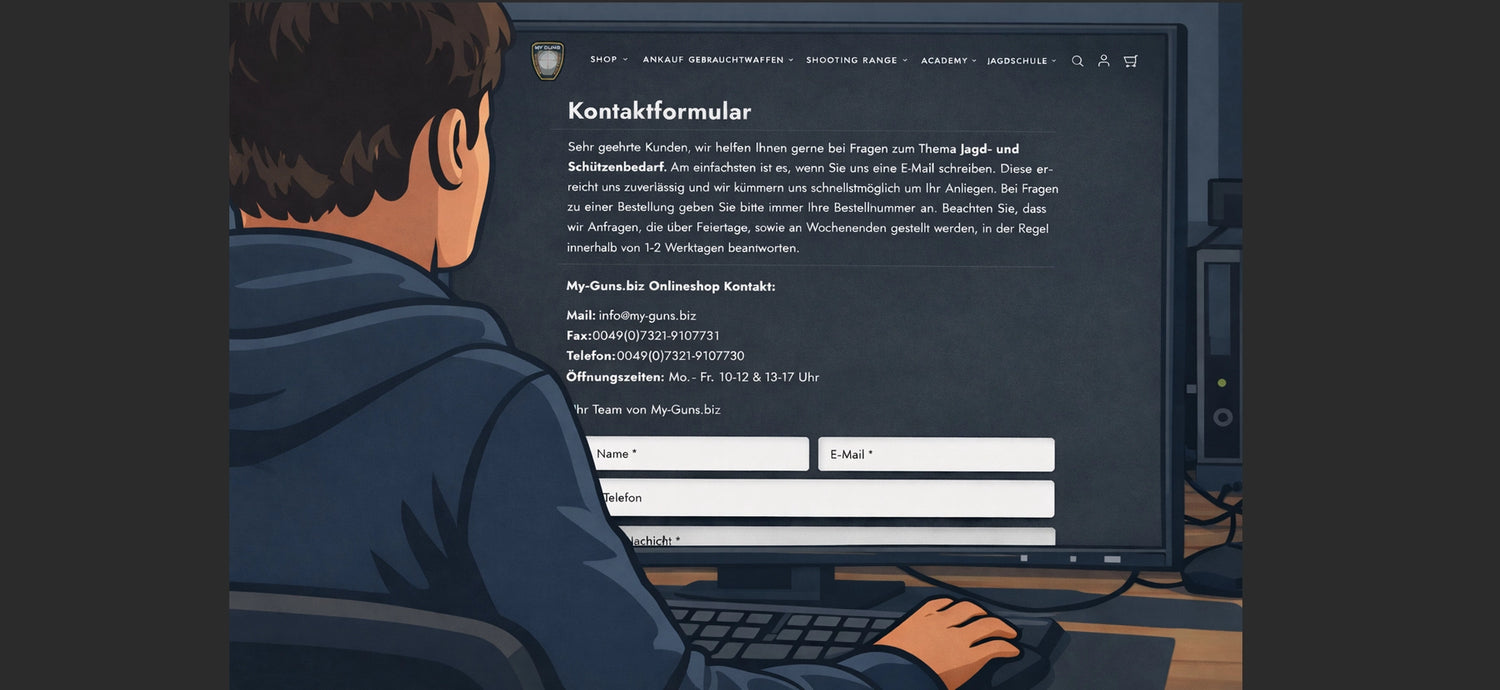 Eine Person sitzt an einem Schreibtisch vor einem Computerbildschirm und betrachtet das Kontaktformular der Website My-Guns.