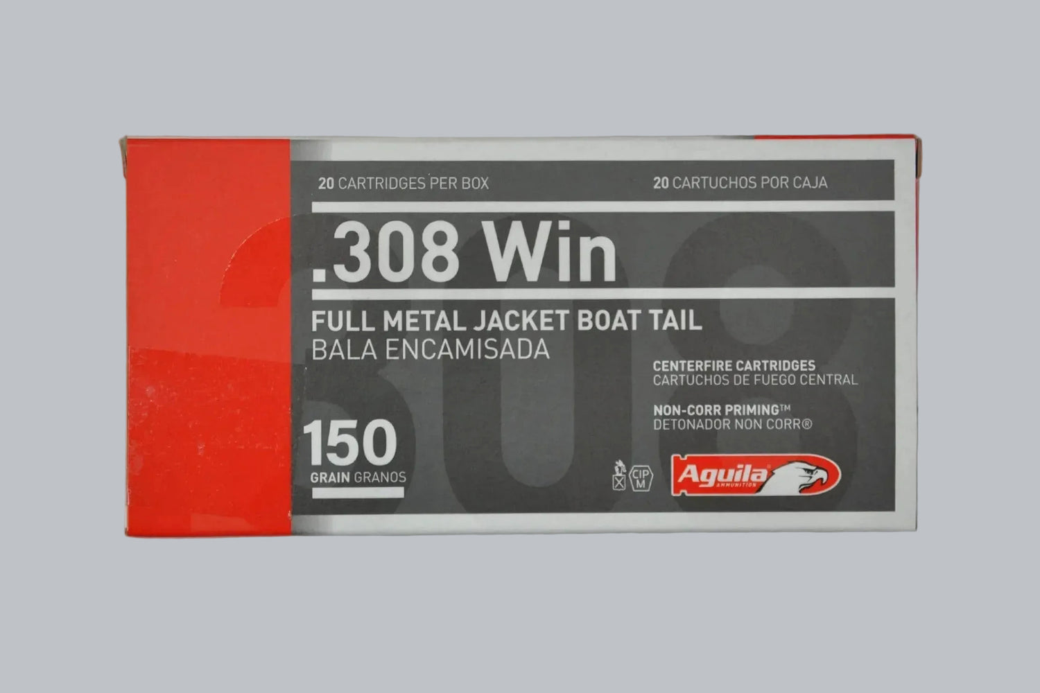 Munition Aguila FMJ BT .308 Win. 150gr Munition, 9,7g/150gr Geschossgewicht, 20 Patronen Inhalt.