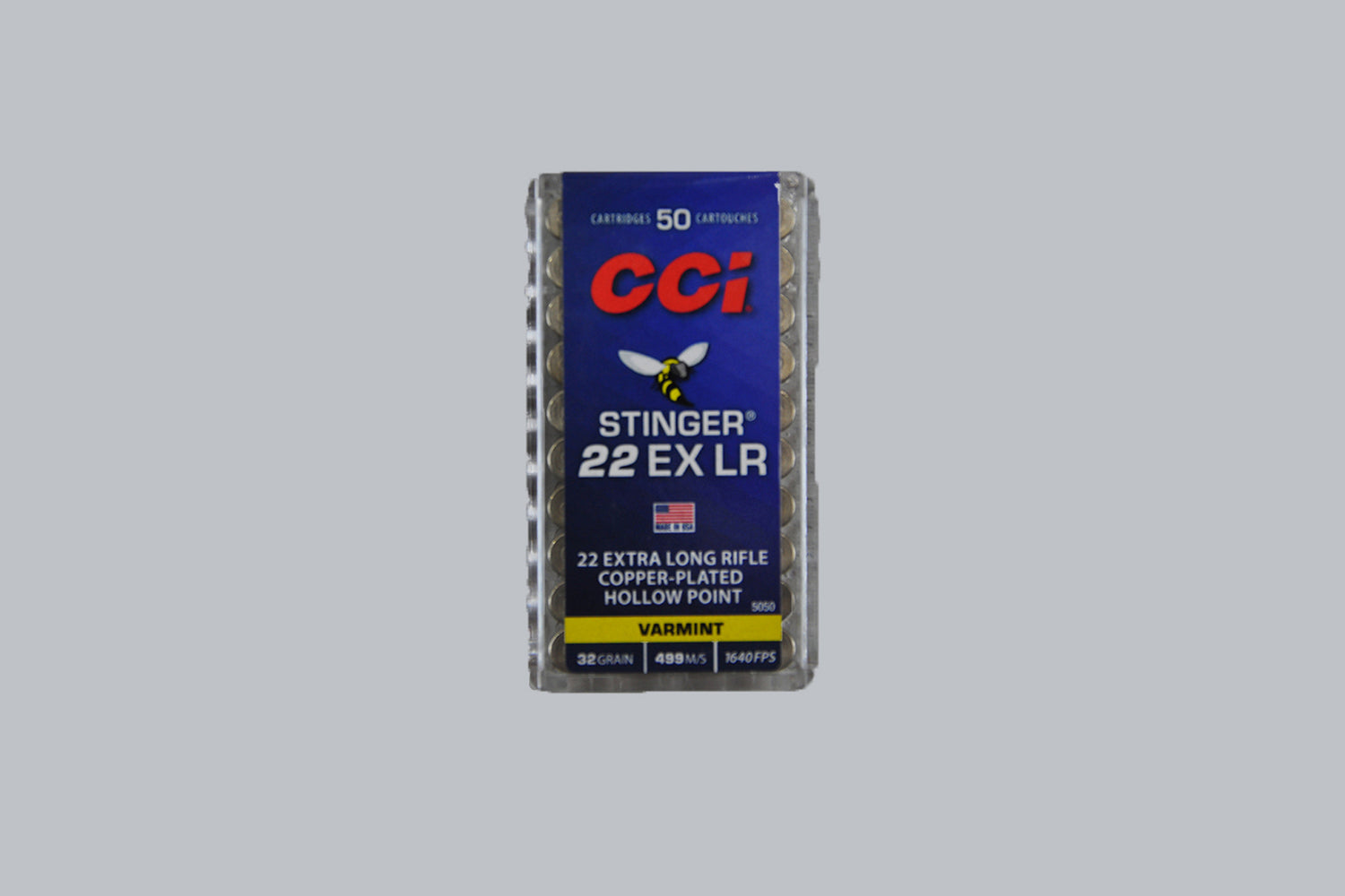 Munition CCI Stinger .22 EX lr 32gr Munition, 2,1g/32gr Geschossgewicht, 50 Patronen Inhalt.
