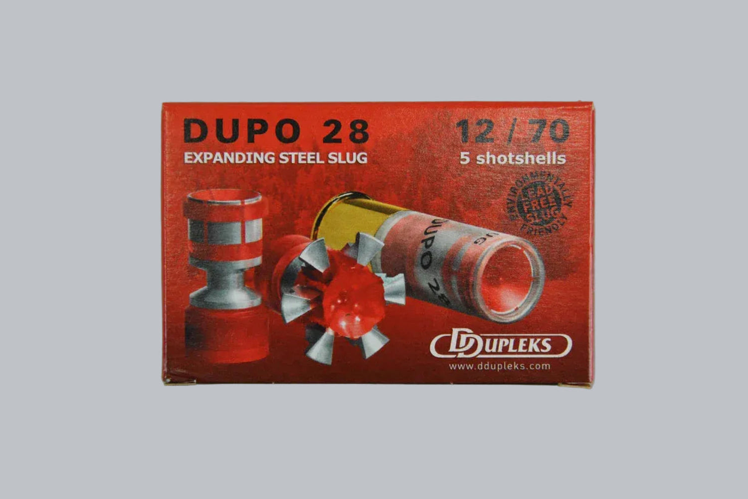 Munition DDupleks Dupo 28 12/70 Munition, 28,0g/432gr Geschossgewicht, 5 Patronen Inhalt.