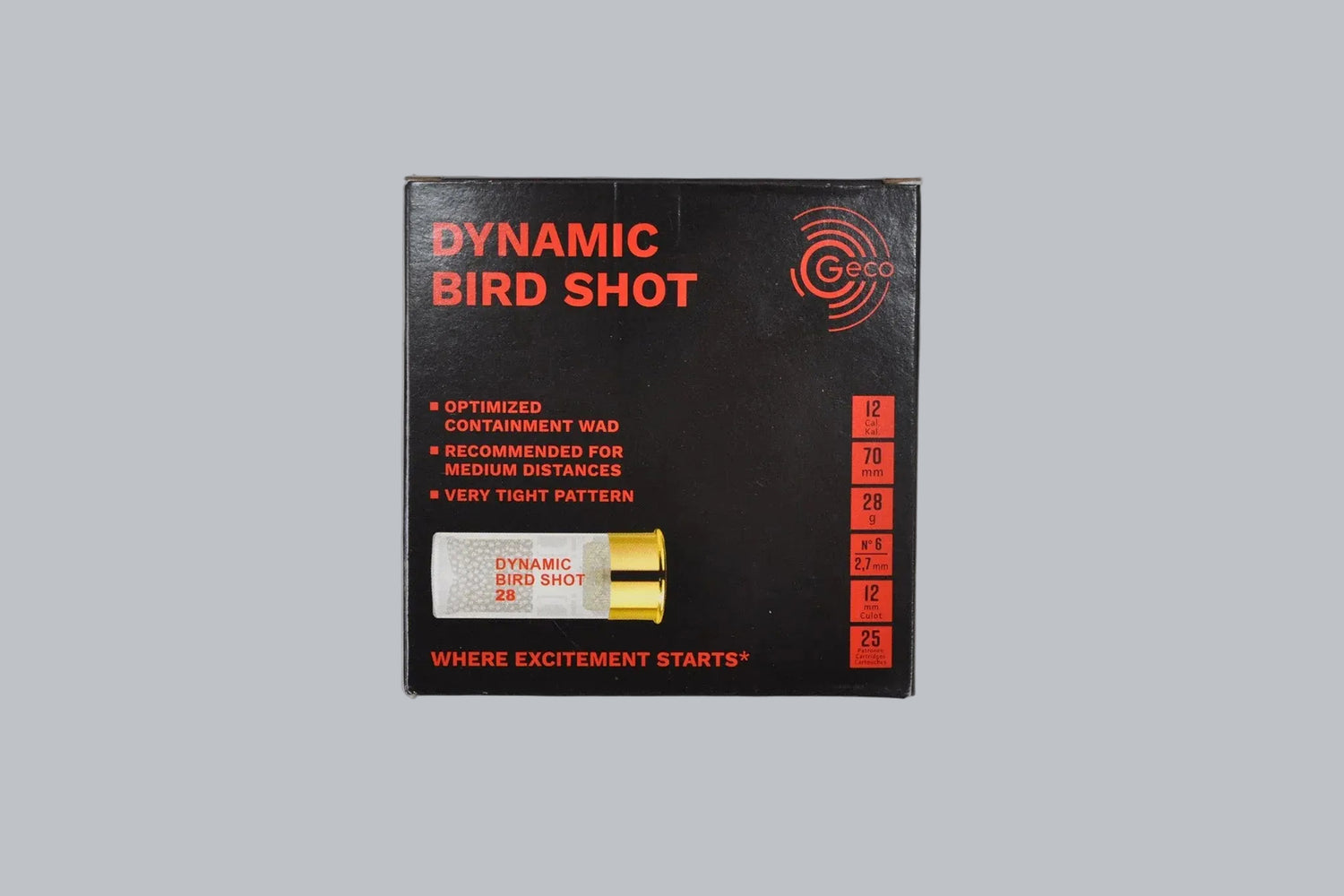 Munition Geco Dynamic Bird Shot 28 12/70 2,7mm Munition, 28,0g/432gr Geschossgewicht, 25 Patronen Inhalt.