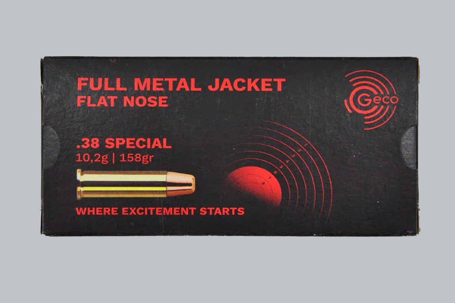 Munition Geco FMJ Flachkopf .38 Special 158gr Munition, 10,2g/158gr Geschossgewicht, 50 Patronen Inhalt.