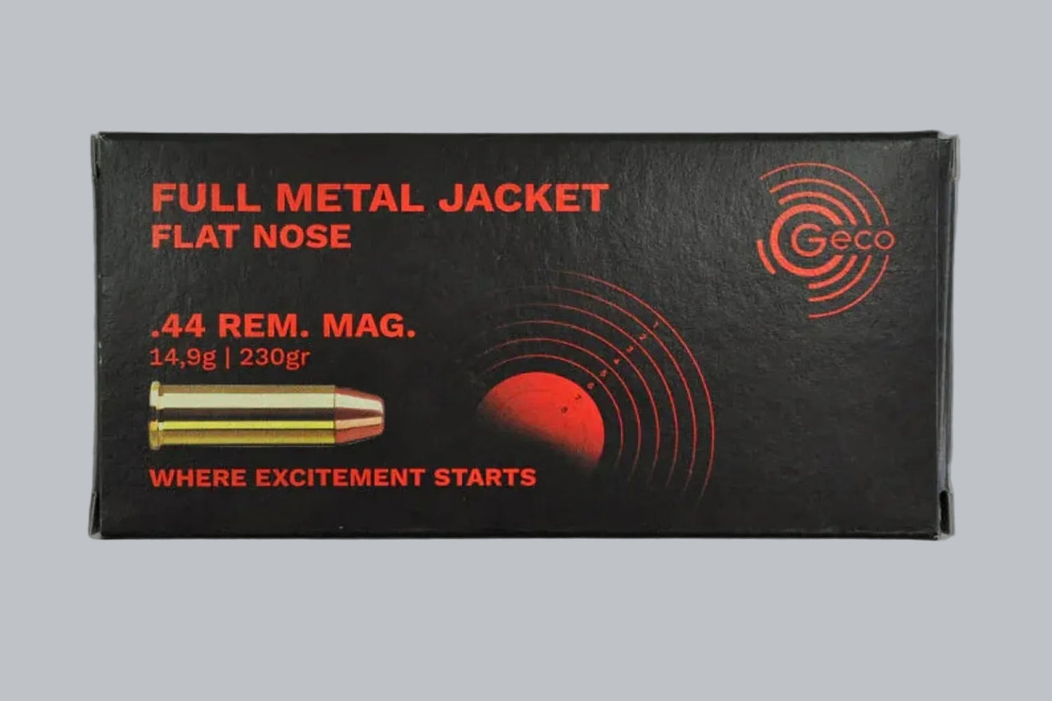 Munition Geco FMJ Flachkopf .44 Rem. Mag. 230gr *1000 Stück* Munition, 14,9g/230gr Geschossgewicht, 1000 Patronen Inhalt.