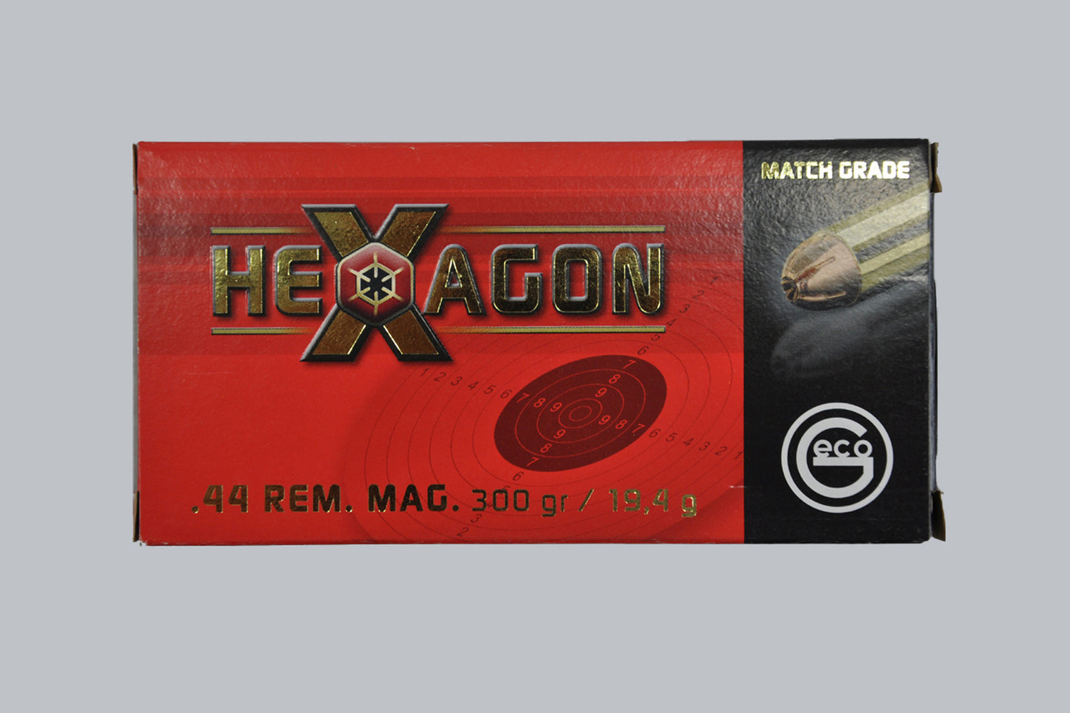 Munition Geco Hexagon .44 Rem. Mag. 300gr Munition, 19,4g/300gr Geschossgewicht, 50 Patronen Inhalt.