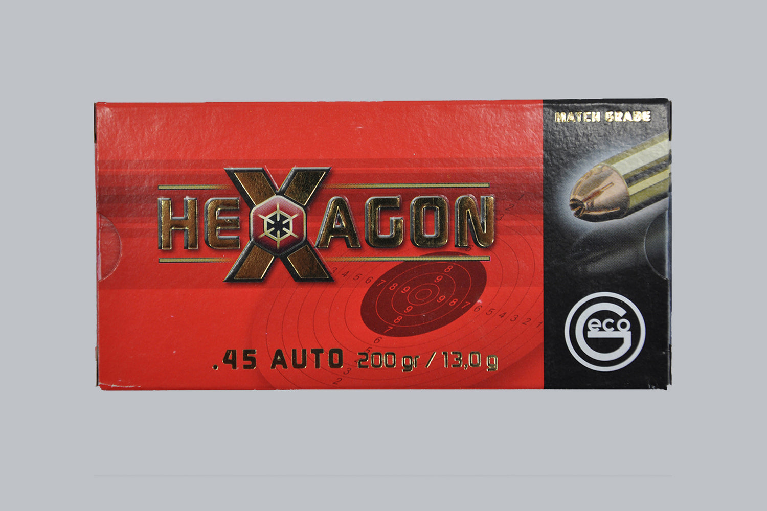 Munition Geco Hexagon .45 ACP 200gr Munition, 13,0g/200gr Geschossgewicht, 50 Patronen Inhalt.