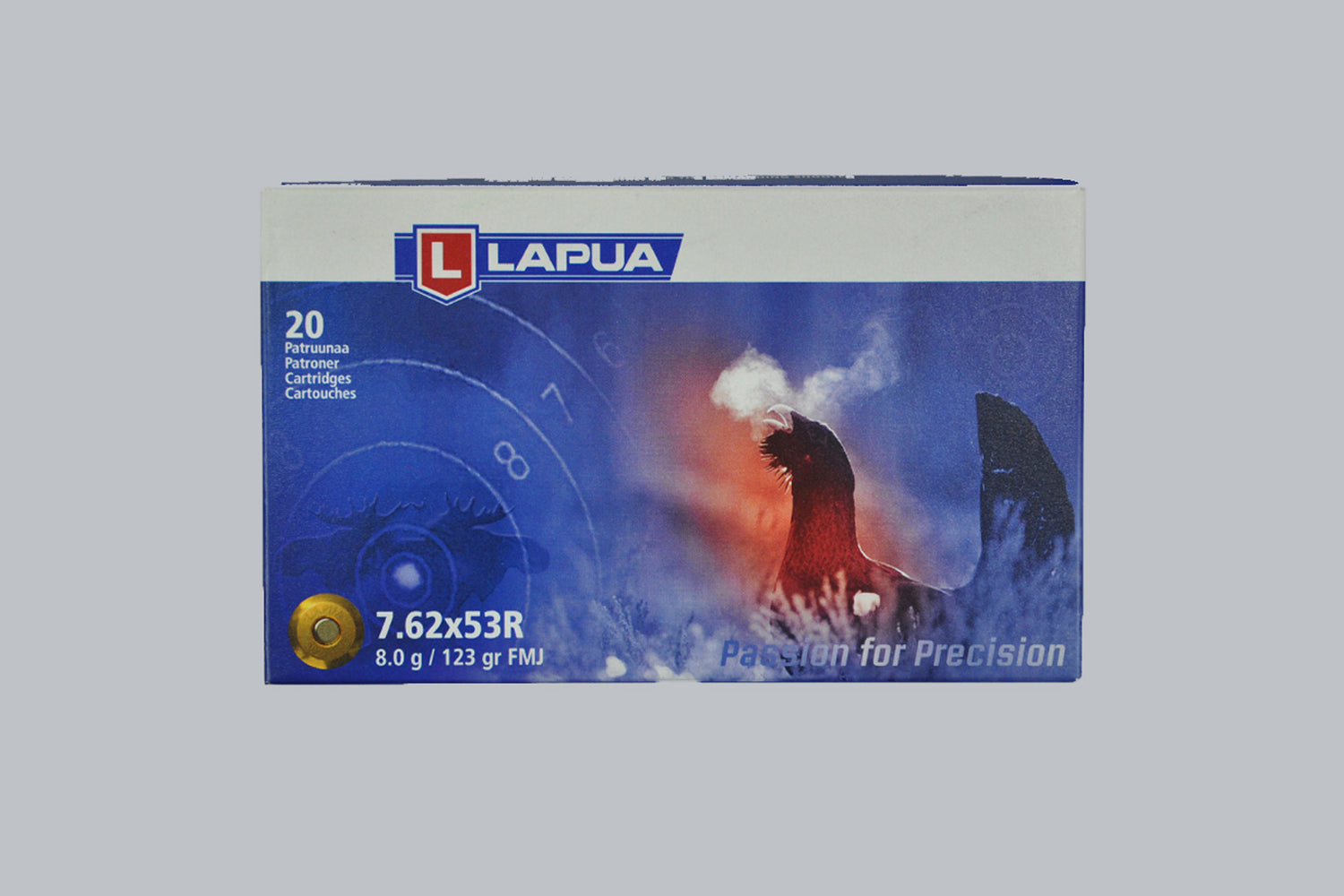 Munition Lapua FMJ 7,62x53 R 123gr Munition, 8,0g/123gr Geschossgewicht, 20 Patronen Inhalt.