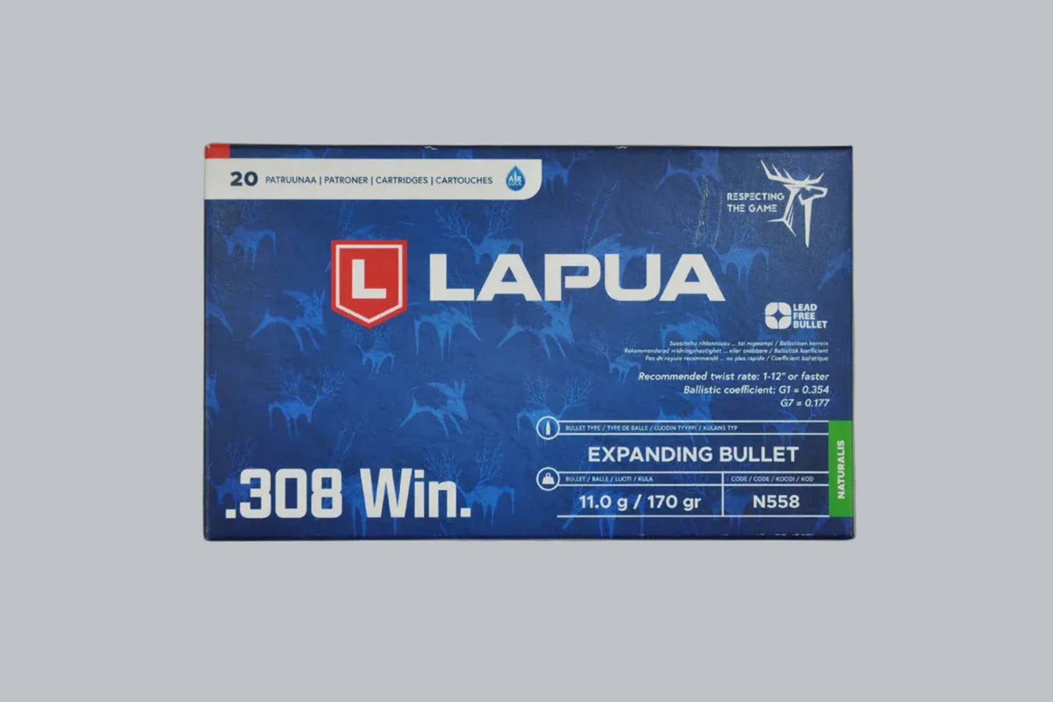 Munition Lapua Naturalis .308 Win. 170gr Munition, 11,0g/170gr Geschossgewicht, 20 Patronen Inhalt.