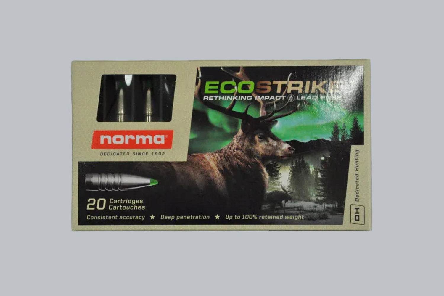 Munition Norma Ecostrike Silencer .308 Win. 150gr Munition, 9,7g/150gr Geschossgewicht, 20 Patronen Inhalt.