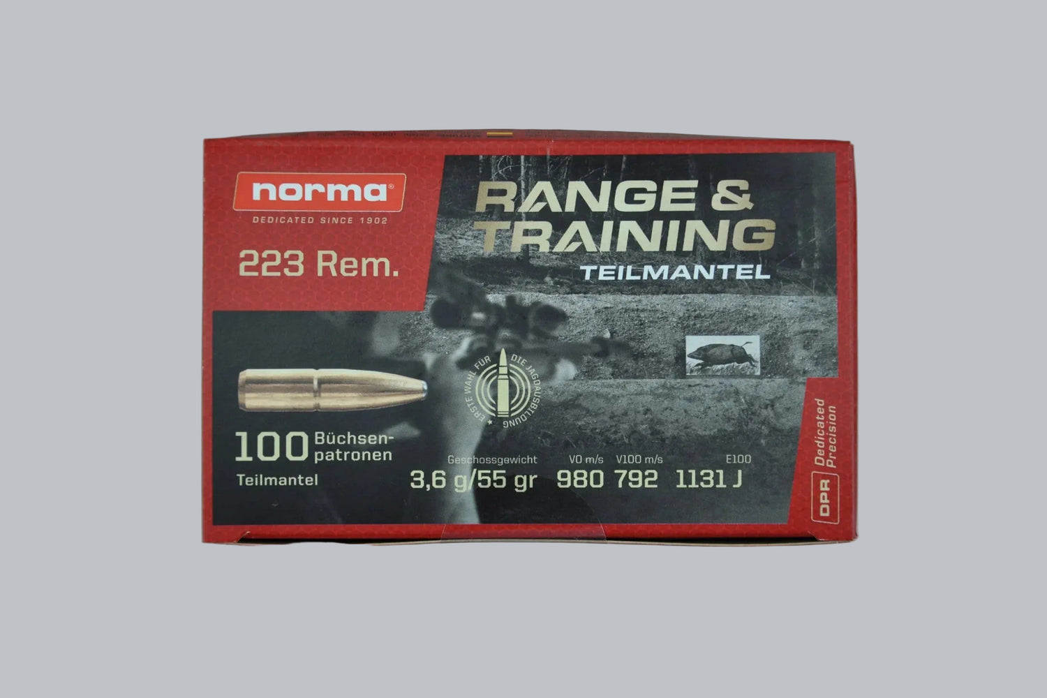 Munition Norma Range & Training .223 Rem. 55gr Munition, 3,6g/55gr Geschossgewicht, 100 Patronen Inhalt.