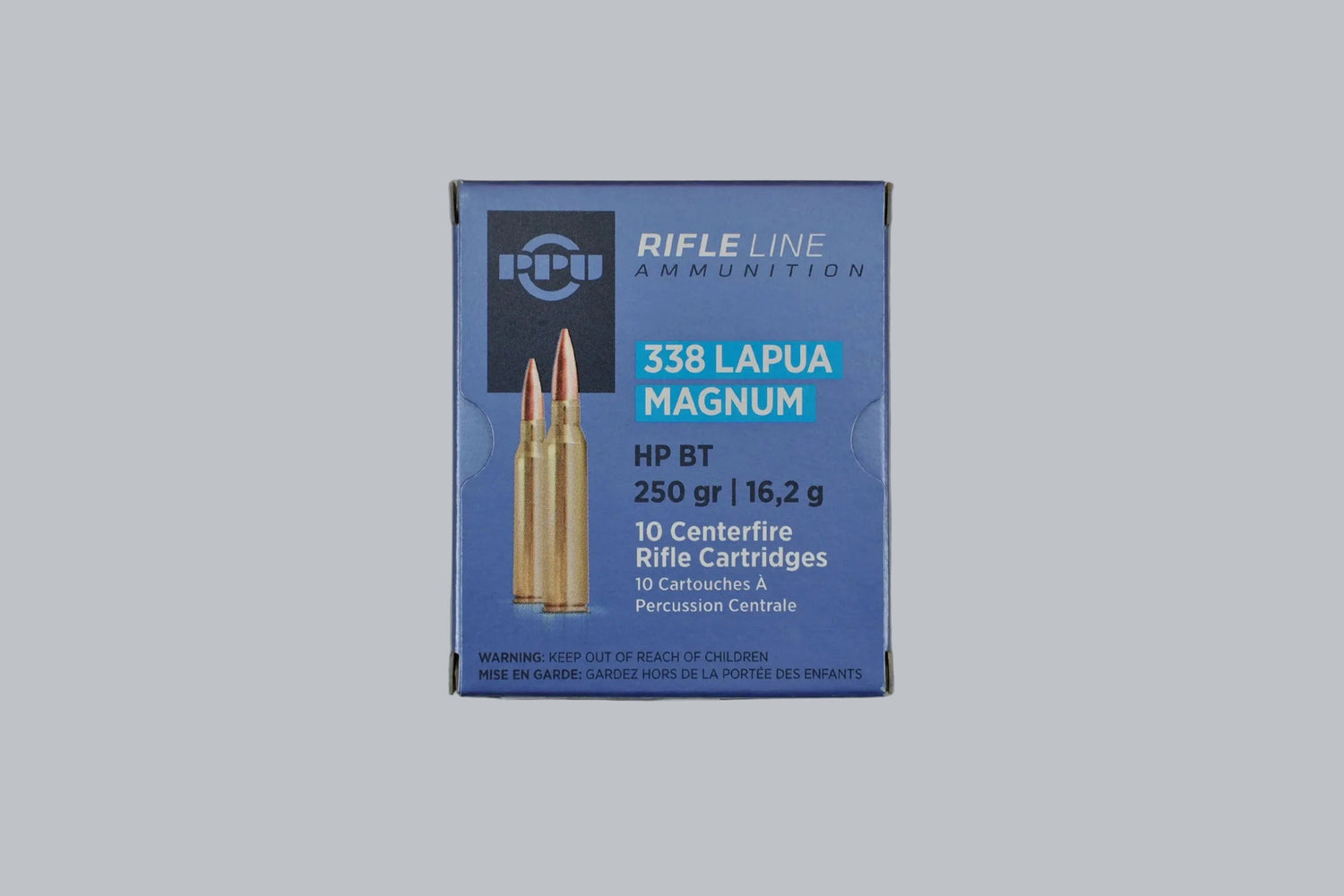 Munition PPU HPBT .338 Lapua Mag. 250gr Munition, 16,2g/250gr Geschossgewicht, 10 Patronen Inhalt.