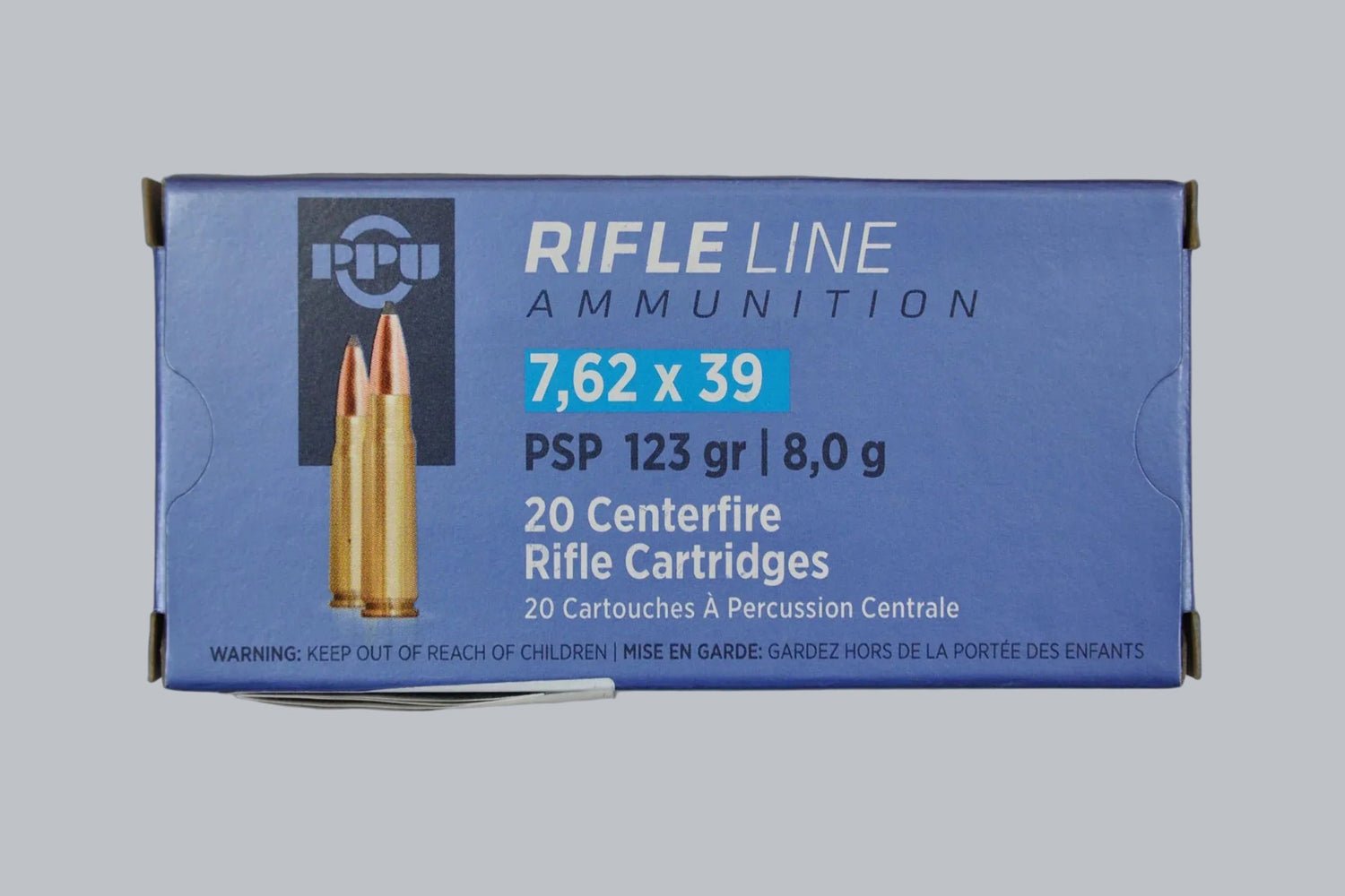 Munition PPU PSP 7,62x39 123gr Munition, 8,0g/123gr Geschossgewicht, 20 Patronen Inhalt.