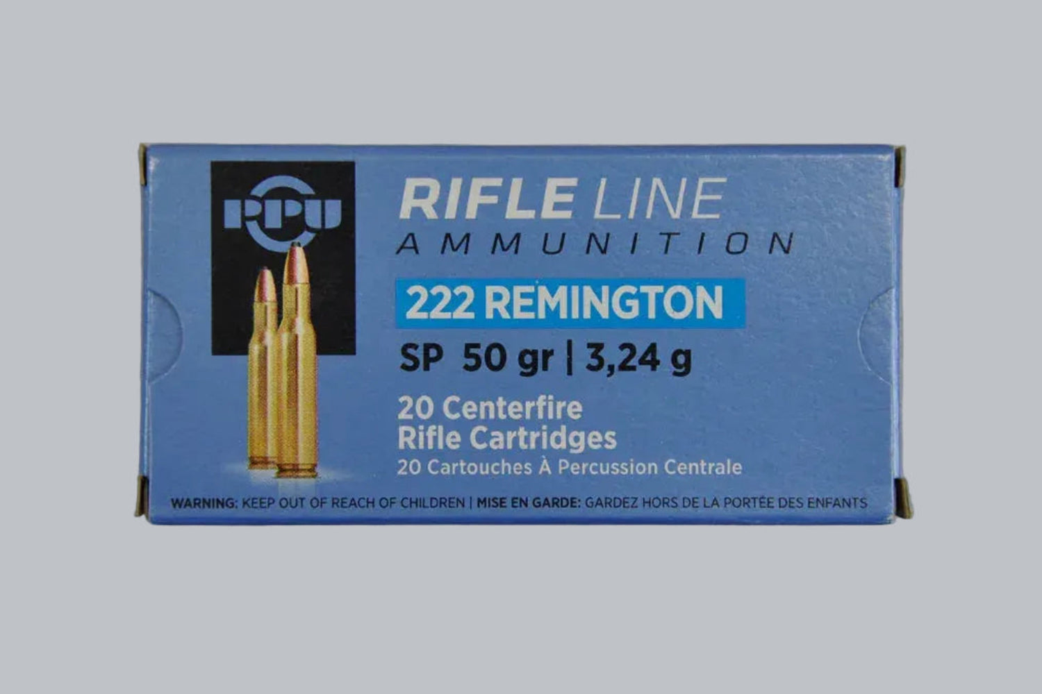 Munition PPU SP .222 Rem. 50gr Munition, 3,2g/50gr Geschossgewicht, 20 Patronen Inhalt.