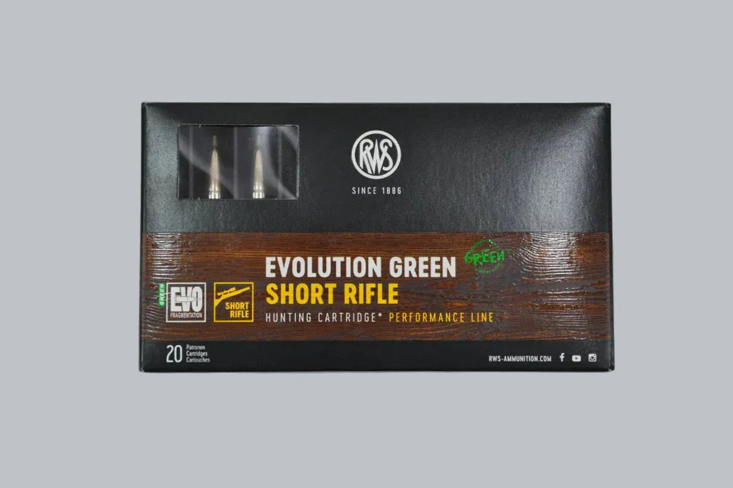 Munition RWS Evo Green Short Rifle .308 Win. 139gr Munition, 9,0g/139gr Geschossgewicht, 20 Patronen Inhalt.