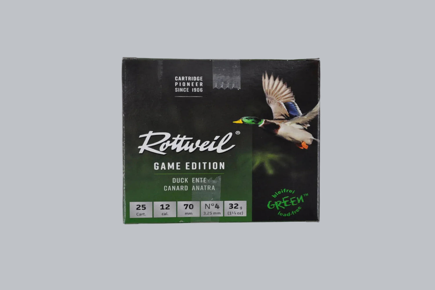 Munition Rottweil Game Edition Ente 12/70 32g 3,25mm Munition, 2,1g/32gr Geschossgewicht, 25 Patronen Inhalt.