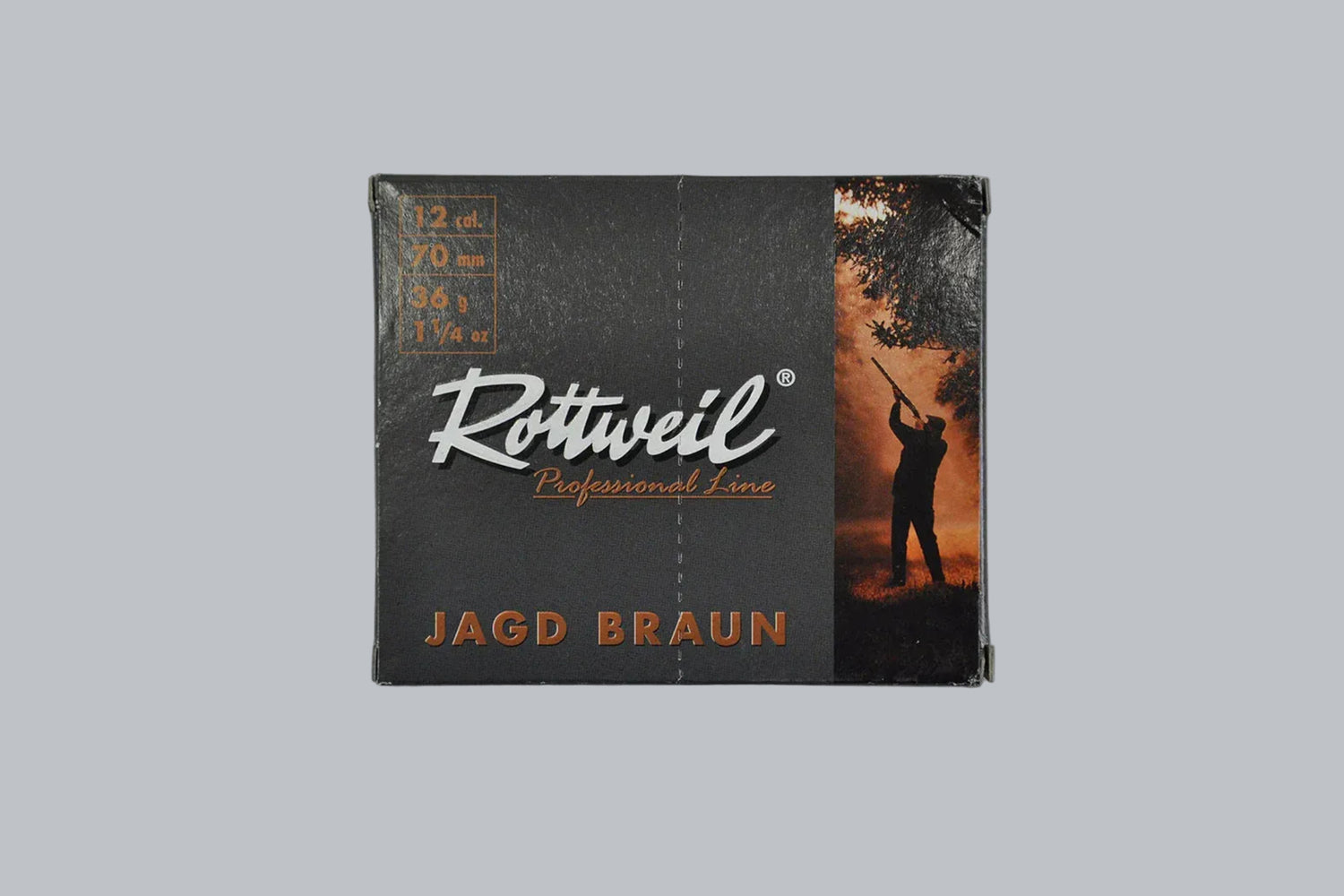 Munition Rottweil 12/70 Jagd braun, 2,7-3,5mm, 36g/555gr Geschossgewicht, 10 Patronen Inhalt.