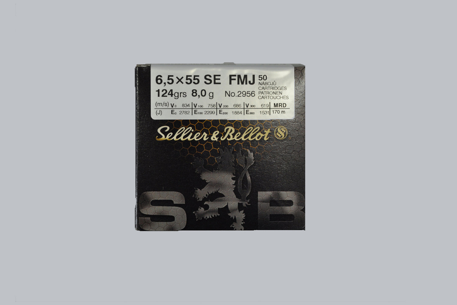 Munition Sellier & Bellot 6,5x55 SE FMJ 124gr Munition, 8,0g/124gr Geschossgewicht, 50 Patronen Inhalt.