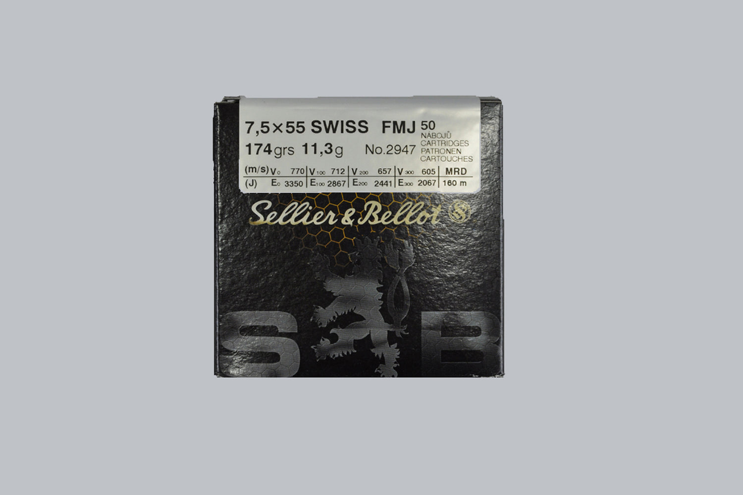 Munition Sellier & Bellot 7,5x55 Swiss FMJ 174gr Munition, 11,3g/174gr Geschossgewicht, 50 Patronen Inhalt.