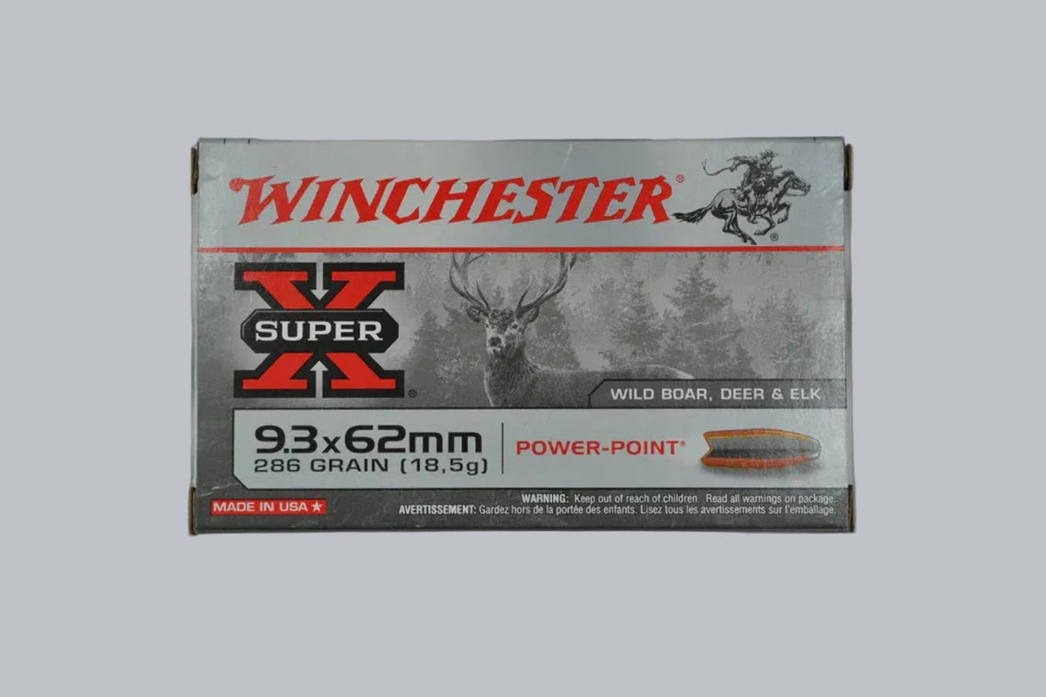 Munition Winchester Super-X Power-Point 9,3x62 286gr Munition, 18,5g/286gr Geschossgewicht, 20 Patronen Inhalt.
