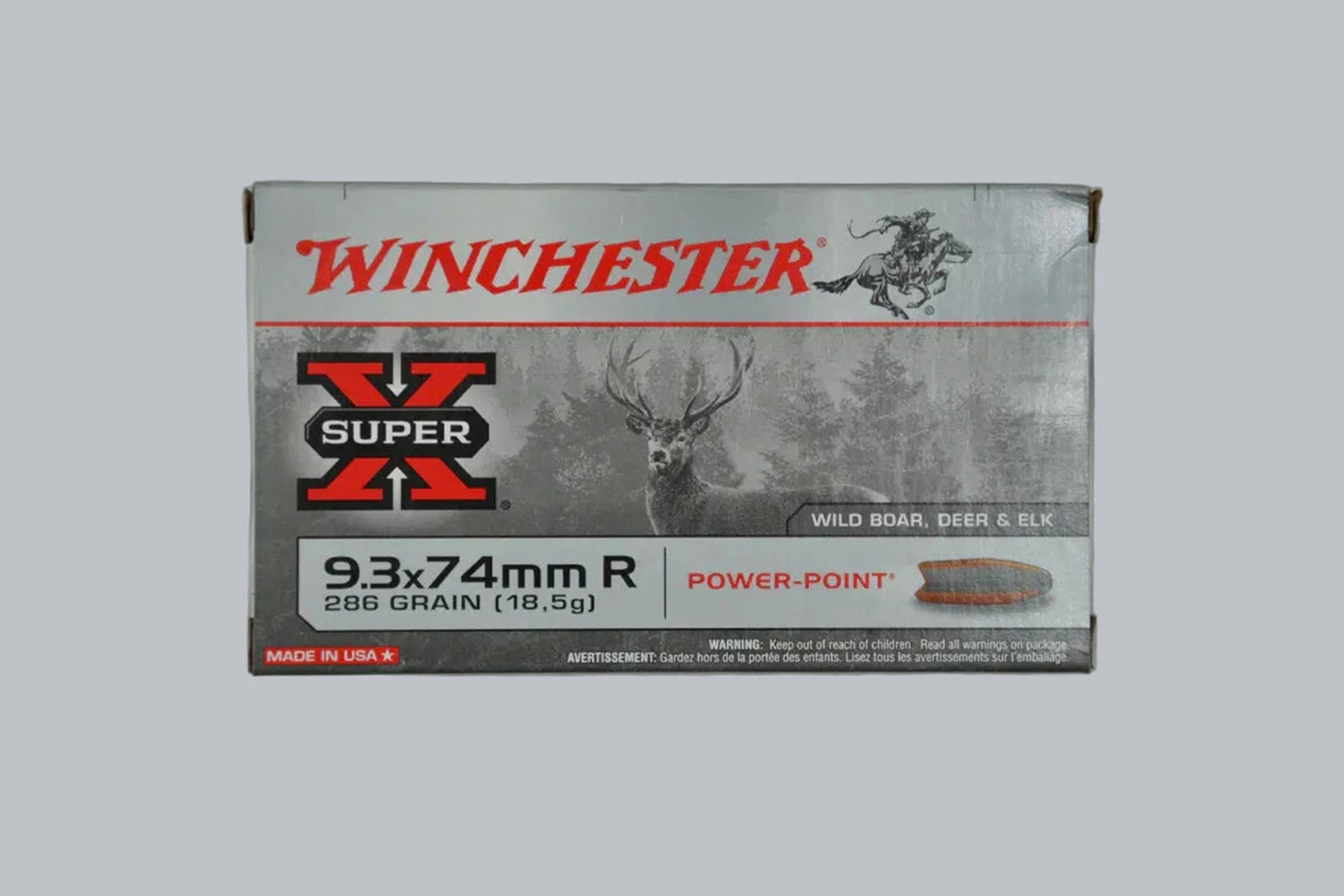 Munition Winchester Super-X Power-Point 9,3x74 R 286gr Munition, 18,5g/286gr Geschossgewicht, 20 Patronen Inhalt.