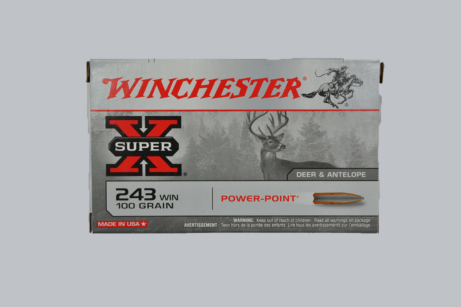 Munition Winchester Super-X Power Point .243 Win. 100gr Munition, 6,5g/100gr Geschossgewicht, 20 Patronen Inhalt.