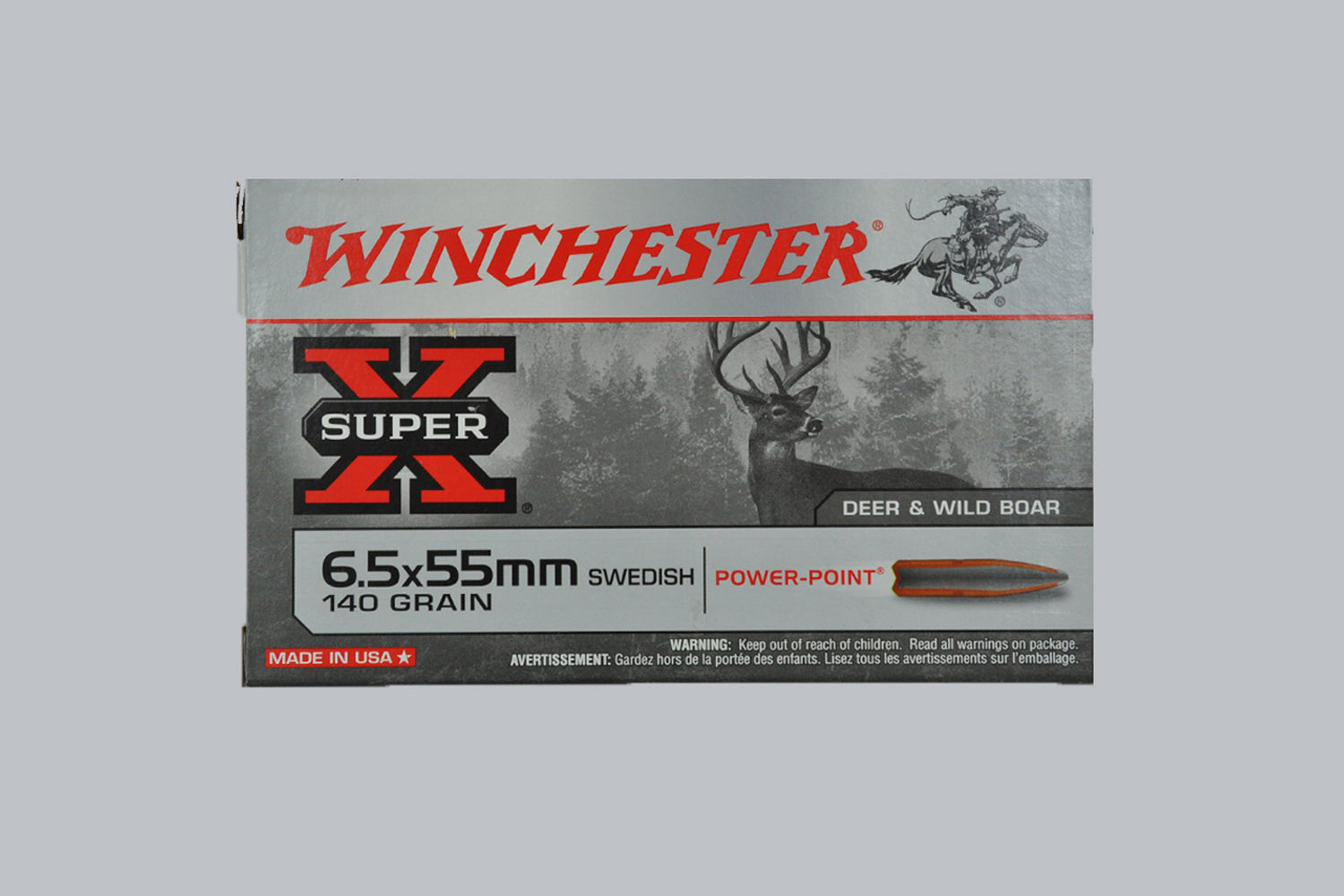 Munition Winchester Super-X Power Point 6,5x55 Swedish 140gr Munition, 9,1g/140gr Geschossgewicht, 20 Patronen Inhalt.