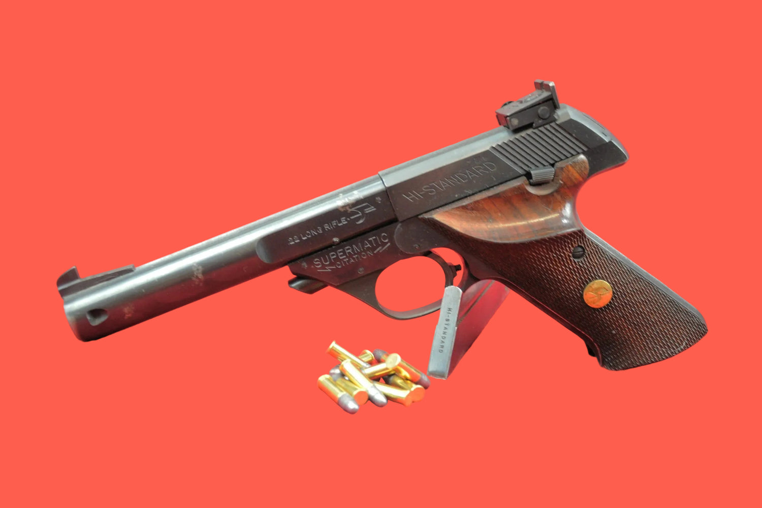 Halbautomatische Pistole High Standard Supermatic Mod. 104 .22 lr gebraucht - Seitenansicht/Draufsicht