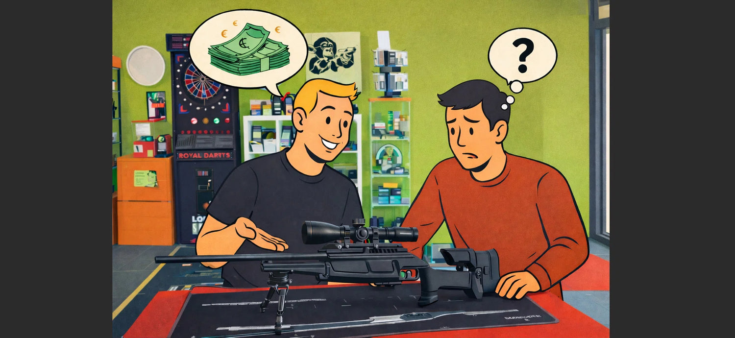 Zwei gezeichnete Männer stehen an einem Tresen, auf dem ein Präzisionsgewehr mit Zielfernrohr auf einer Unterlage liegt